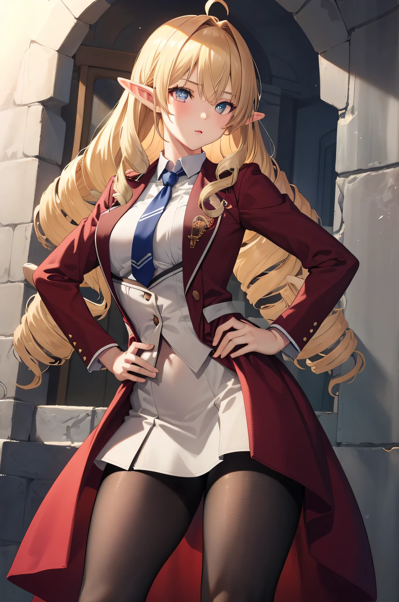 1girl, elinalise, elf, pointy ears, red eyes, blonde hair, hair drills,medium breast,
BREAK wearing school uniform, blazer, necktie, red skirt, pantyhose,
BREAK (masterpiece:1.2), best quality, high resolution, unity 8k wallpaper,NSFW ,(illustration:0.8), (beautiful detailed eyes:1.6), extremely detailed face, perfect lighting, extremely detailed CG, (perfect hands, perfect anatomy),