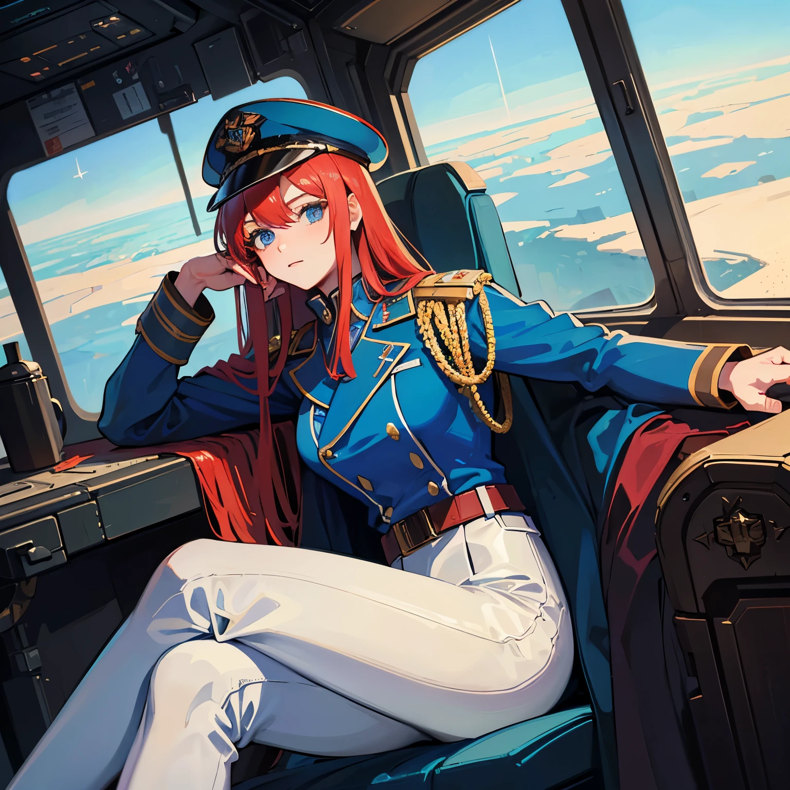 ((Masterpiece)), ((Highest Quality)), ((Best Quality)), (Illustration of One Girl), Full Body, 25 Years Old, Long Red Hair, (Thin Hair on Both Sides of the Face), Blue Eyes, (Tall)), ((Muscular Strong Body)), (Manspreading)), Open Legs, (((Military Uniform)), (Military Hat)), ((Military Coat)), (White Clothes), (White Pants), (White Hat), Trench Coat, ((Inside the spaceship, sitting in the captain's seat)), (outside the window, space, Earth seen from space, spaceport)
