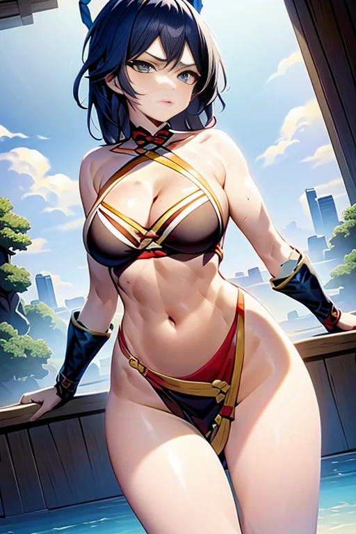 masterpiece, high resolution, best quality, beautiful art, 1 woman, solo, Xiangling, 30 years old, grown up, big breasted, cleavage, loose long hair, full body, wearing a Tyris Flare outfit, sexy bikini, alluring body, sexy legs, thighs and hips, sexy training, working out, stretching her body, bouncing breasts inside her top, beach environment