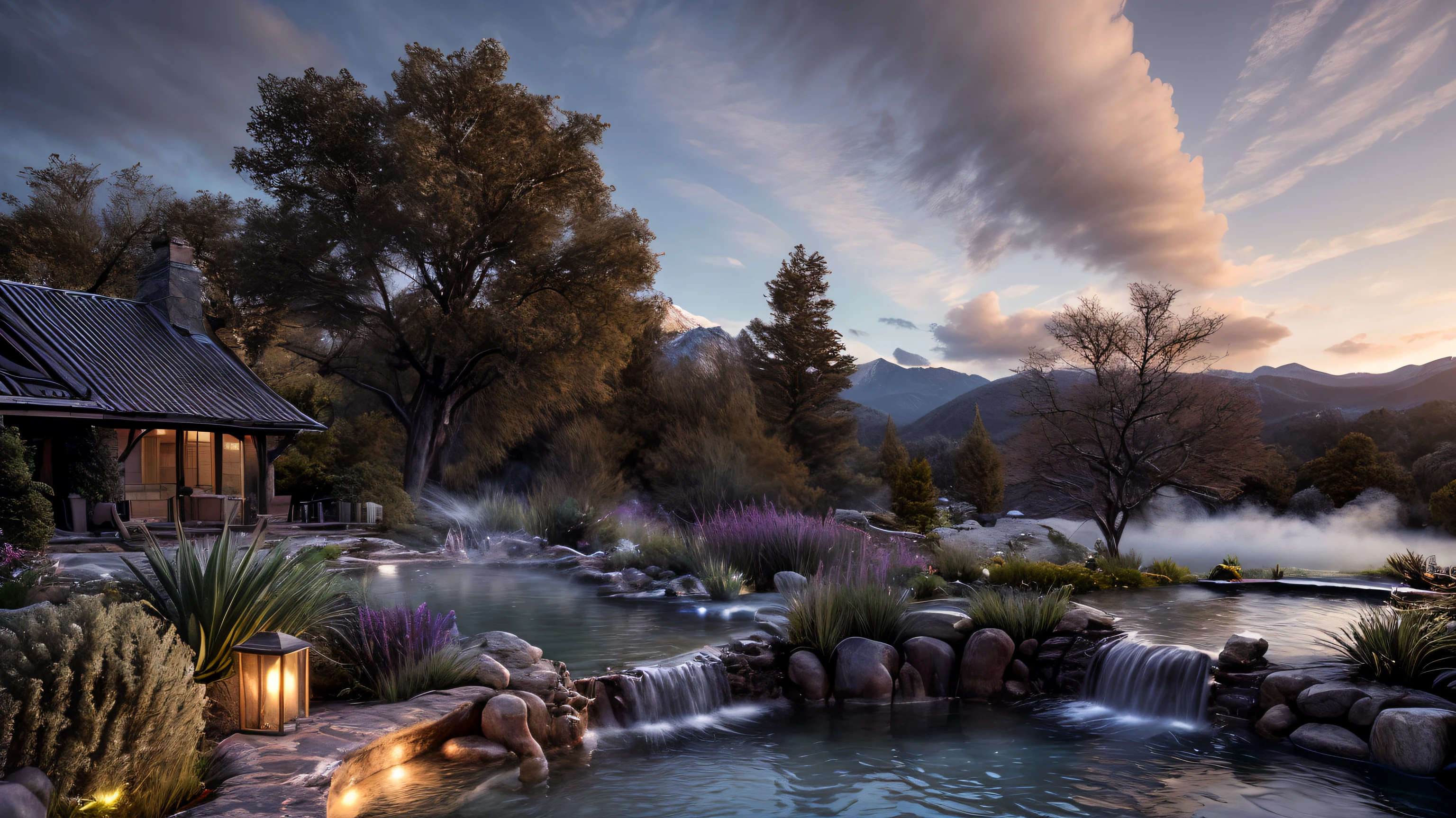 Unparalleled masterpiece, (photorealistic:1.4), best quality, beautiful lighting, (hot spring), (extremely detailed CG unity 8k wallpaper), full shot landscape photo of the most beautiful artwork in the world, cloudy sky background lush landscape house and trees illustration concept art