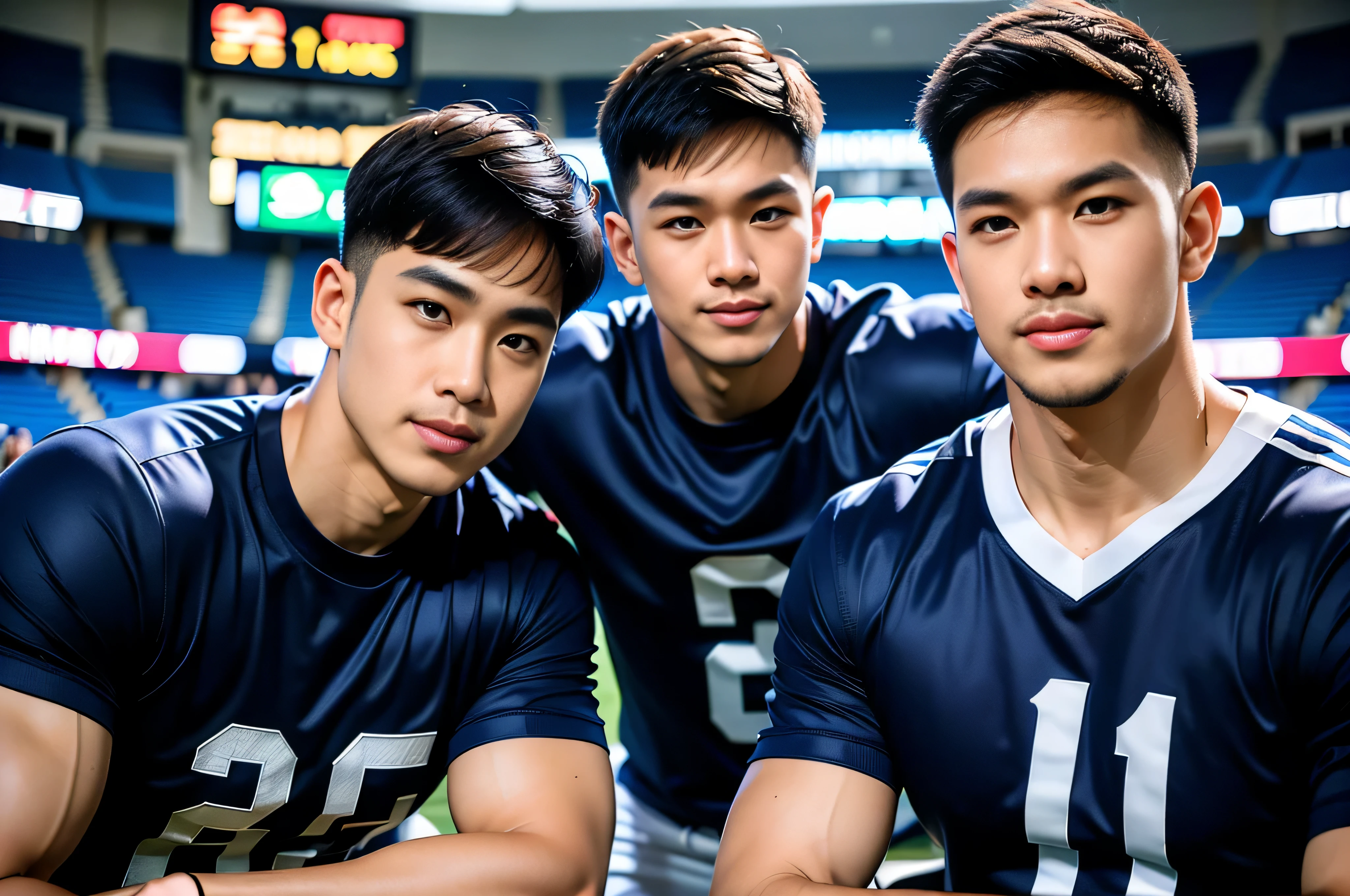 (Create a masterpiece: 1.2), (CGI art:1.3), (realistic:1.5), (After processing:1.3), (Sharp focus:1.3), 1 man, smile, (Wear a navy short-sleeved T-shirt..), short hair, Korea, facial hair, Indonesian, (high glossy details),Pectoral muscles, Big arm muscles, blood vessel, big muscles, Broad shoulders, Sit on the football field..