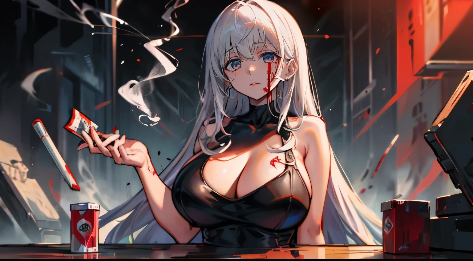 original character,alone,1 girl，beauty girl, Silver-haired beauty, long hair, huge tit, ruins, Blood　,inflammation, cigarettes, Character half aside