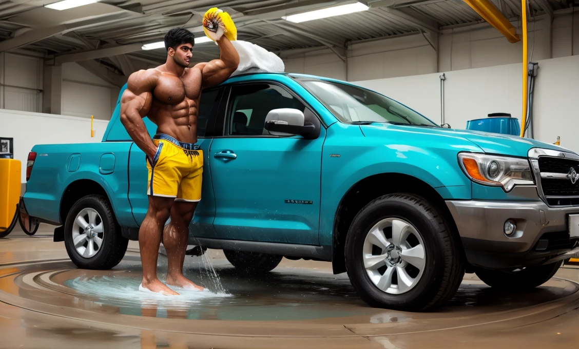 Giant handsome Indian, very very tall to the ceiling, bodybuilder, highschool freshman washing a small car, dressed in basketball shorts and a tshirt cut at the arms, cute young face, great height difference. high detail faces. show full height from toe to head. 1 bodybuilder in the picture. Pressure water machine, foam machine, management building of carwash, automats for payments. Model using the car wash machine. Wet and struggling.