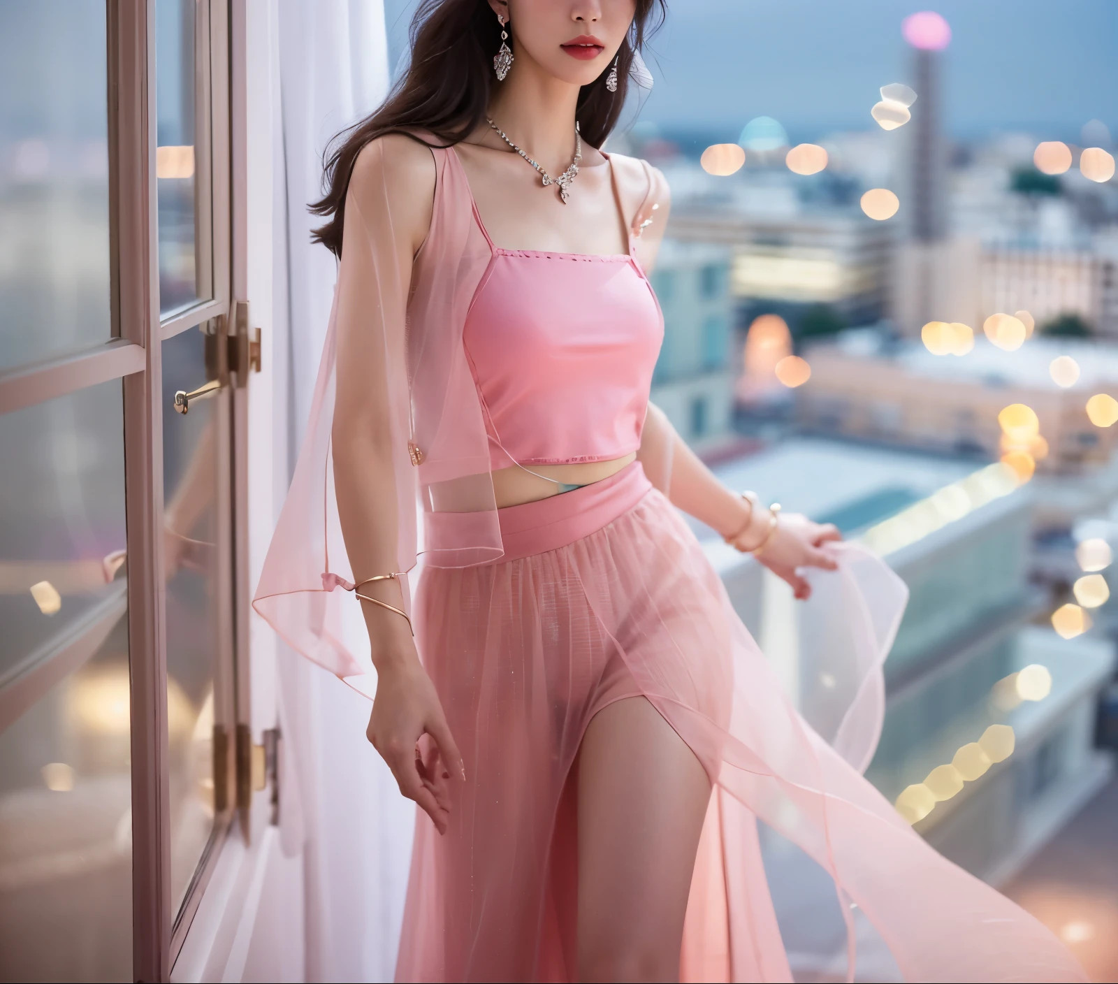 1 girl,a diamondnecklace, jewelry, Solo, high waist skirt, self-shot, (pink bellyband) ( Hotel french window, city:0.7, seaside:1) (evening:1.5),Faraway view,Background bokeh