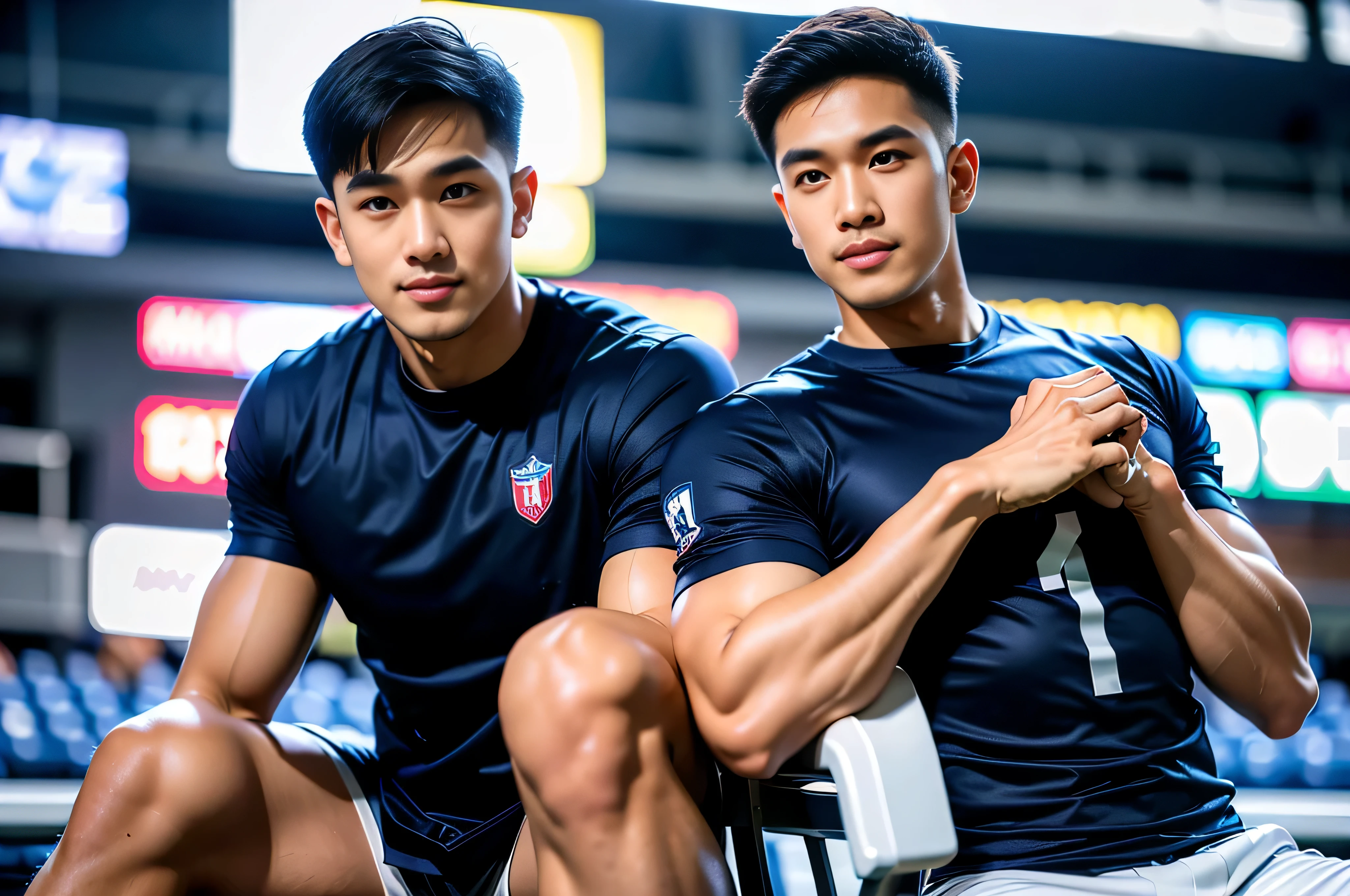 (Create a masterpiece: 1.2), (CGI art:1.3), (realistic:1.5), (After processing:1.3), (Sharp focus:1.3), 1 man, smile, (Wear a navy short-sleeved T-shirt..), short hair, Korea, facial hair, Indonesian, (high glossy details),Pectoral muscles, Big arm muscles, blood vessel, big muscles, Broad shoulders, Sit on the football field..