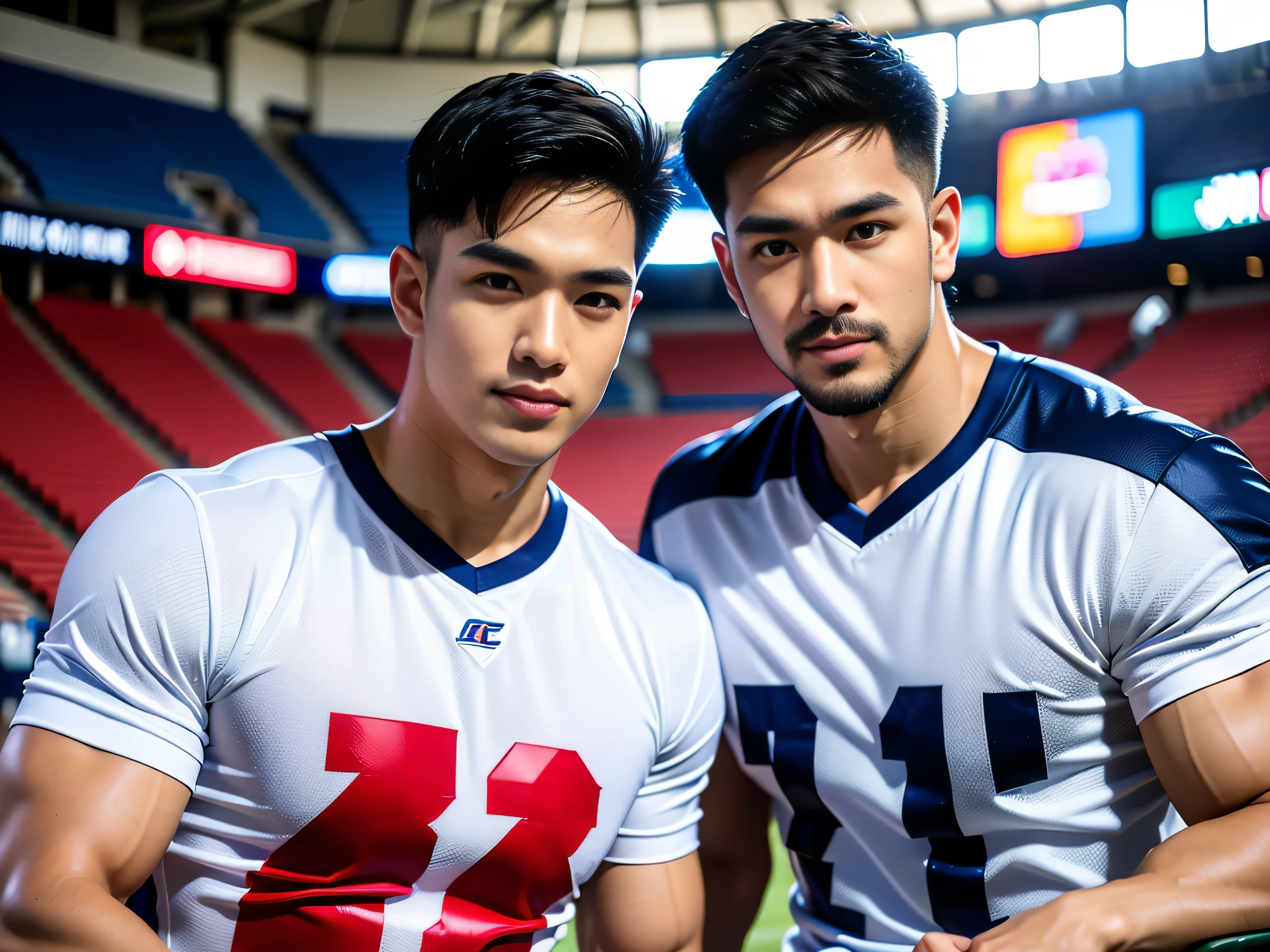 single: 1.5, (ที่TRUEแล้ว, Masterpiece, 8k HD, good light quality, sportswear, to fit the face, complicated details), A handsome Korean man with muscular arms.. , 20 years old, be happy, smile brightly, detailed face, delicate eyes, look at the sky, Wear a tight blue t-shirt.:1.6 ., black eyes, Black hair color, ผมsmooth, smooth,SurTRUE,Excellent details,Highest quality,TRUE,Open your mouth to talk.. , Close your eyes.., (standing in the football field:1.5)