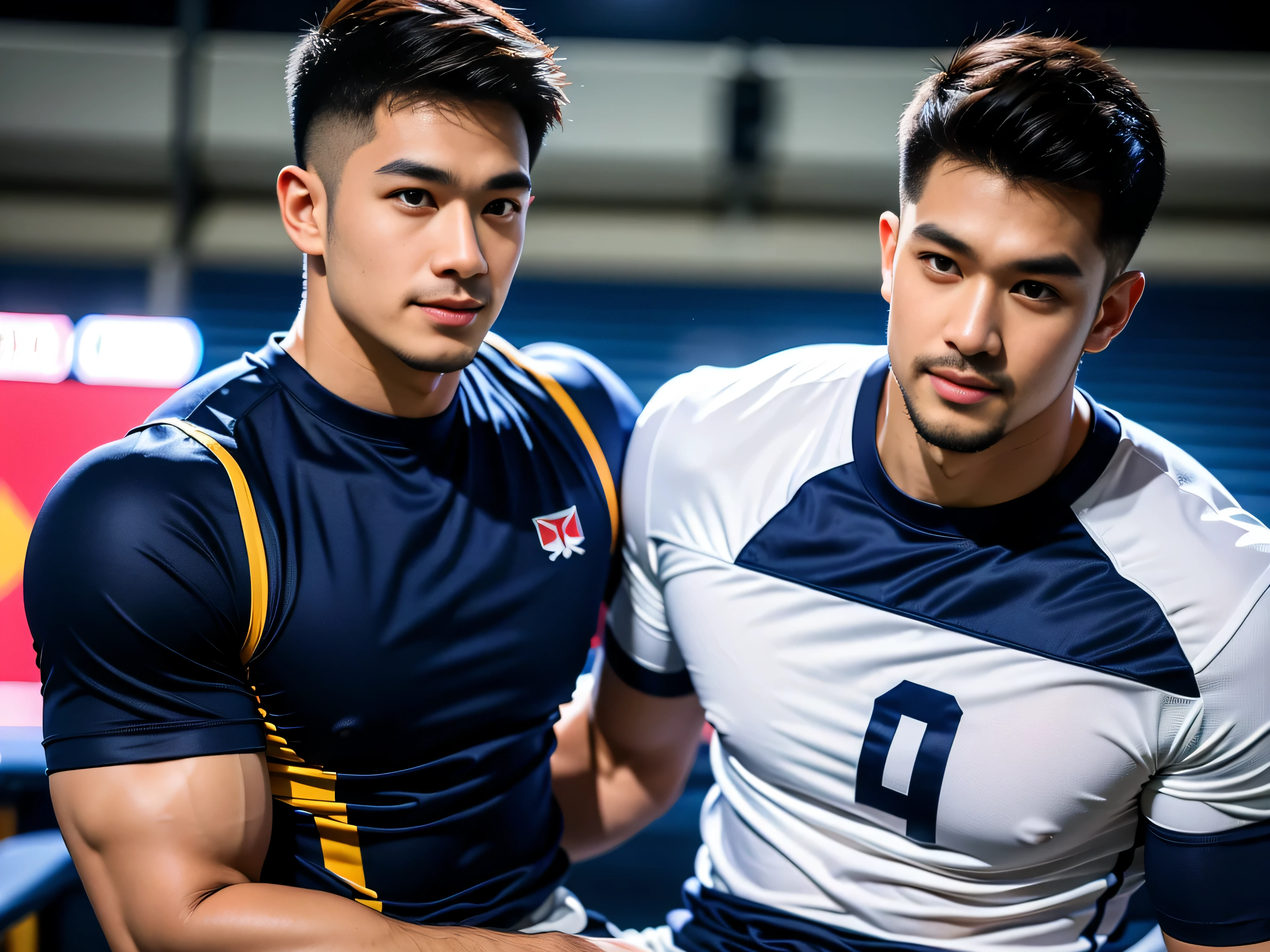 (Create a masterpiece: 1.2), (CGI art:1.3), (realistic:1.5), (After processing:1.3), (Sharp focus:1.3), 1 man, smile, (Wear a navy short-sleeved T-shirt..), short hair, Korea, facial hair, Indonesian, (high glossy details),Pectoral muscles, Big arm muscles, blood vessel, big muscles, Broad shoulders, Sit on the football field..