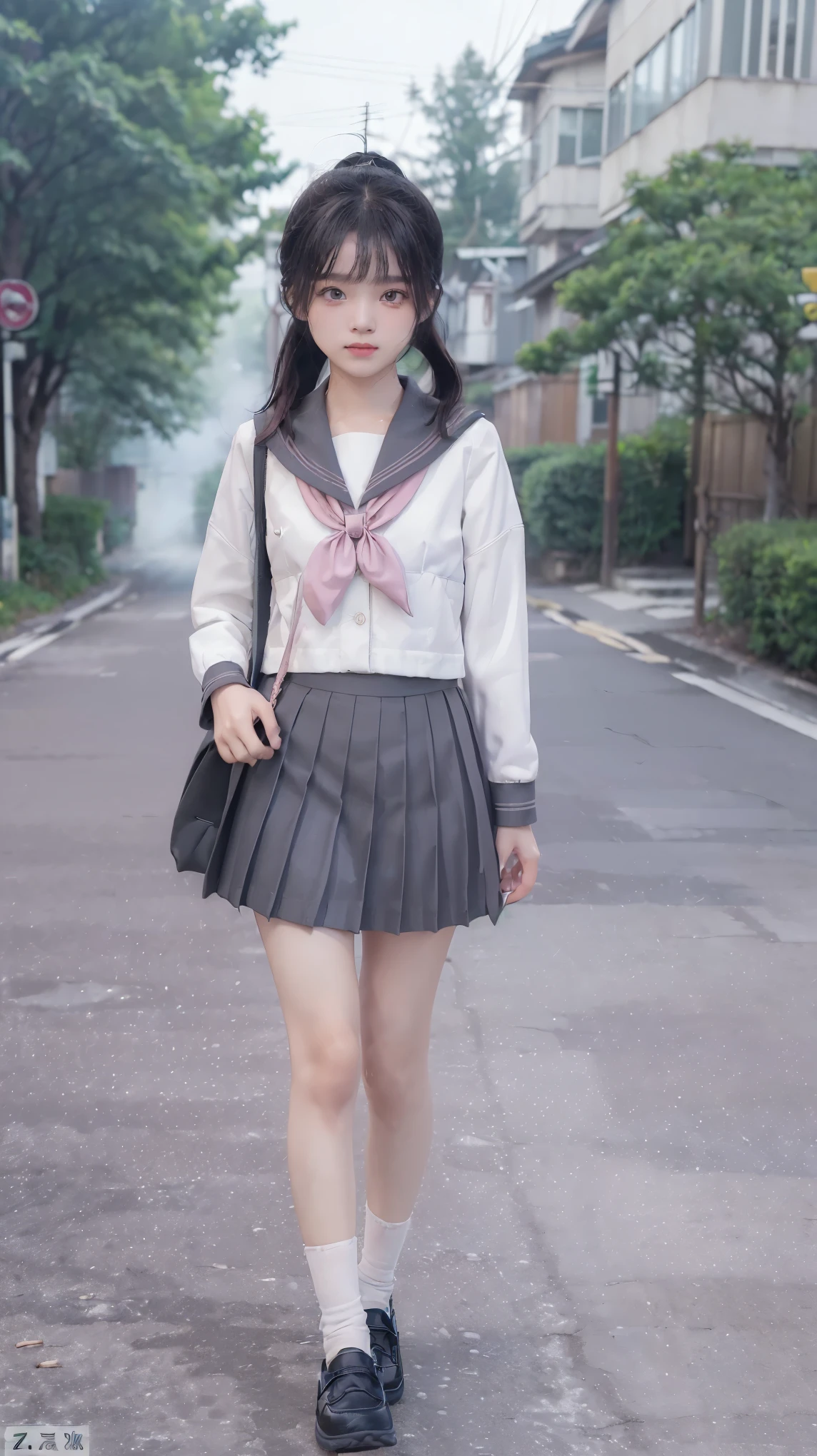 masterpiece, highest quality, realistic, RAW photo, Digital single-lens reflex camera, ((1 person)), Beautiful Japan girl at 18 years old, shiny fair skin, Realistic beautiful make-up face, realistic and beautiful eyes, double eyelid, (((anxiety, frightened eyes:1.3, fear, nervous:1, tears, cry:1.4, afraid))), The most detailed shiny black hair and bangs, ((ponytail hair)), slim body shape, slim face, slim waist, medium breasts, (((Japanese student gray sailor suit:1.5, summer clothes:1.2, light pink skirf, gray pleated mini skirt:1.2, black sox:1.2, brown loafer shoes:1.2, white panty:1.2))), (((walking:1.3))), Leaving school, (((A path in a lonely residential area, dark path))), ((foggy)), realistic shadow, Depth of bounds written, The best delicate and beautiful photos, ultra high resolution, 8K UHD Wallpapers, (((from below:1))), nsfw, upper half body