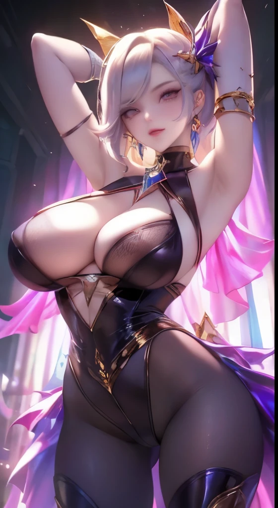 「In a breathtaking masterpiece in portrait form、Showcasing the highest quality artistry。The subject of this artwork is、It's one girl captured in amazing detail。」Pixiv Anime Realism Trends、Shibitai Perfect Body Perfect Face、hands not visible、Shot from the waist up、gigantic-breast, hugetits、Minamoto of the Destiny Grand Order、(Sexy, Nasty, Naked), Naked bandage, claw pose, NSFW, (Sagging breasts:1.3)