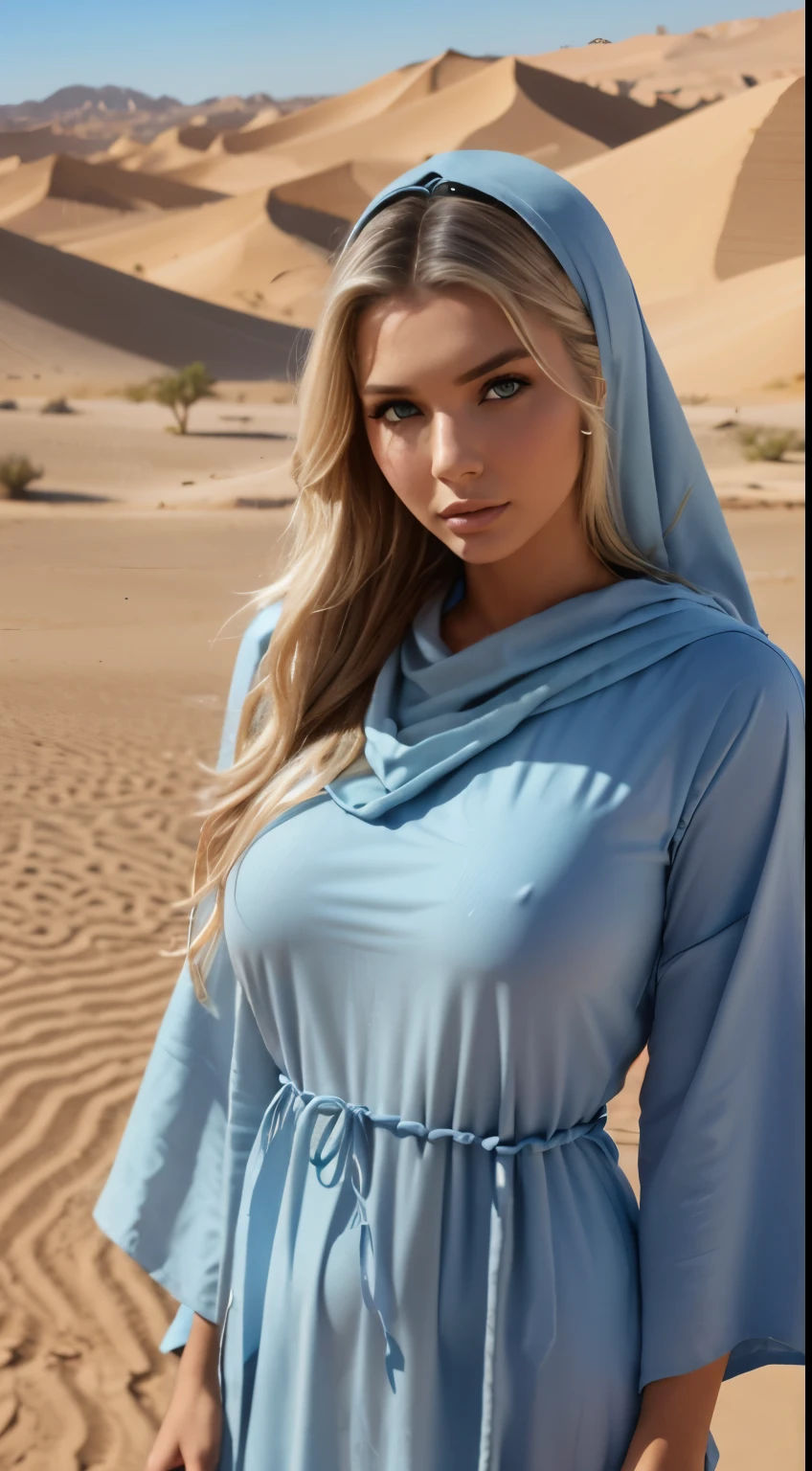 Foto hiperrealista en primer plano de Emily Sears, Create dystopian masterpieces. in a full cover bedouin bedouin costume (light blue long tunic) on the desert, beautiful woman, skinny, large breasts, straight blond hair, detailed face, photo taken from a distance