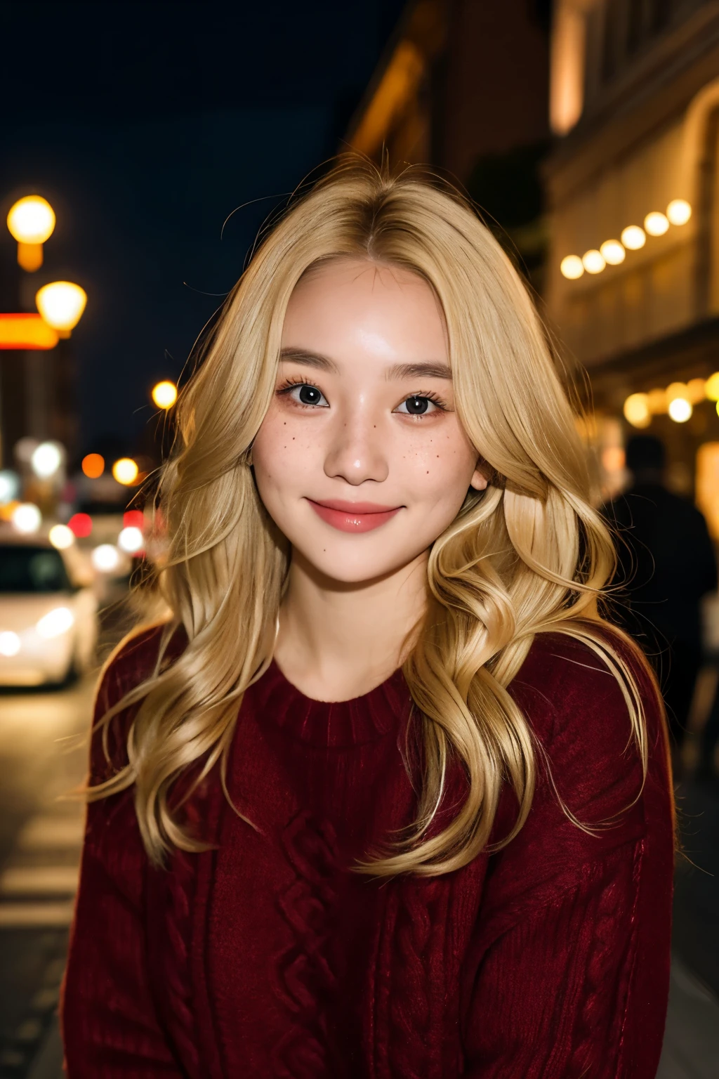 ultra realistic dark photo of 22 year old beautiful woman with blonde hair, hair roots slightly faded, Malaysian, influencer, light freckles, brown eyes, maroon knitted jumper, night streets, no makeup, looking at viewer, smiling, Instagram