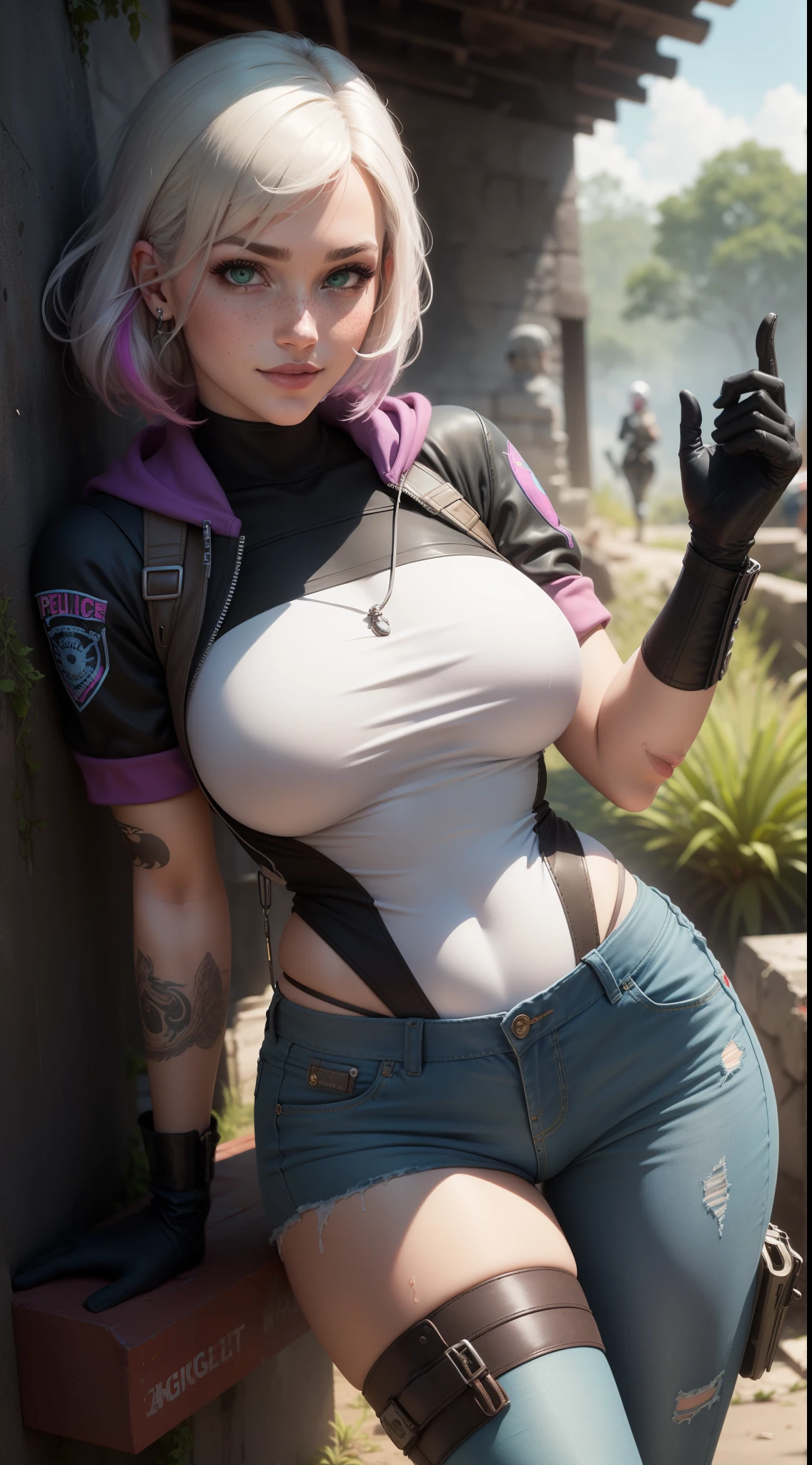 gwen tennyson,yorha 2b,android 18,dva,lara croft,overwatch,tomb raider,close up, mayan jungle ruins,tattoos,purple and pink plugsuit,white short sleeve police leotard,sleeveless pilot hoodie,tight denim jeans,military harness,short hair,punk makeup,green eyes,multicolored silver hair, military gloves,sexy smile,freckles,beautiful girl,tall military boots,large breasts,8k,ultra detailed,realistic,fantasy art,fighter pose,pilot uniform,hair pin,ear piercings,(weather:windy),1girl,military gear,wet shirt,