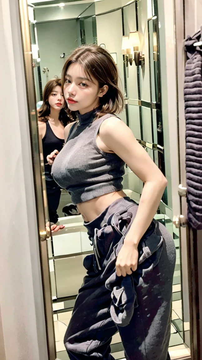 (masterpiece, best quality:1.4, realistic:1.2),
(beautiful, aesthetic, cute, adorable:1.2),
(depth of field:1.2),
detailed beautiful lady,muscle mommy,milf
(
black tank top,mock neck:1.5,
BREAK
gray sweaterpants pulling down:1.5,
black panties:1.5
),
BREAK
(((
selfie in the mirror:1.7,
mirror selfie:1.7,
standing in front of mirror in powder room:1.5,
very high floors:2.0
))),
BREAK
tongue out,
(((
looking at viewer,
side glance:0.8,
shoot from side,
upper body,
wide shot:1.5,
picture frame:1.2
))),
BREAK
(((
silky light brown hair:1.2,
forehead,
long sideburns,
very short hair:1.2
))),
((double eyelids:1.5)), (seductive eyes:1.5), (eyelashes), caramel pink lips,puffy lips,
BREAK
BREAK
smooth skin,tan skin,
(((
tall height:1.3,
thick athletic:1.2,
toned muscle,
curvy:1.2,
large breasts,
firm tits:1.4,
shoulder width:1.2,
big shoulders:1.3,
thick arms:1.5
))),
(((
long beautiful sexy legs,
thick tights:1.5,
wide hips:1.4
))),
BREAK
(((
zfuta,futanari:1.5,
huge penis:1.5,
veiny penis:1.5,
huge testicles:1.5,
veiny testicles:1.5,
erection
)))