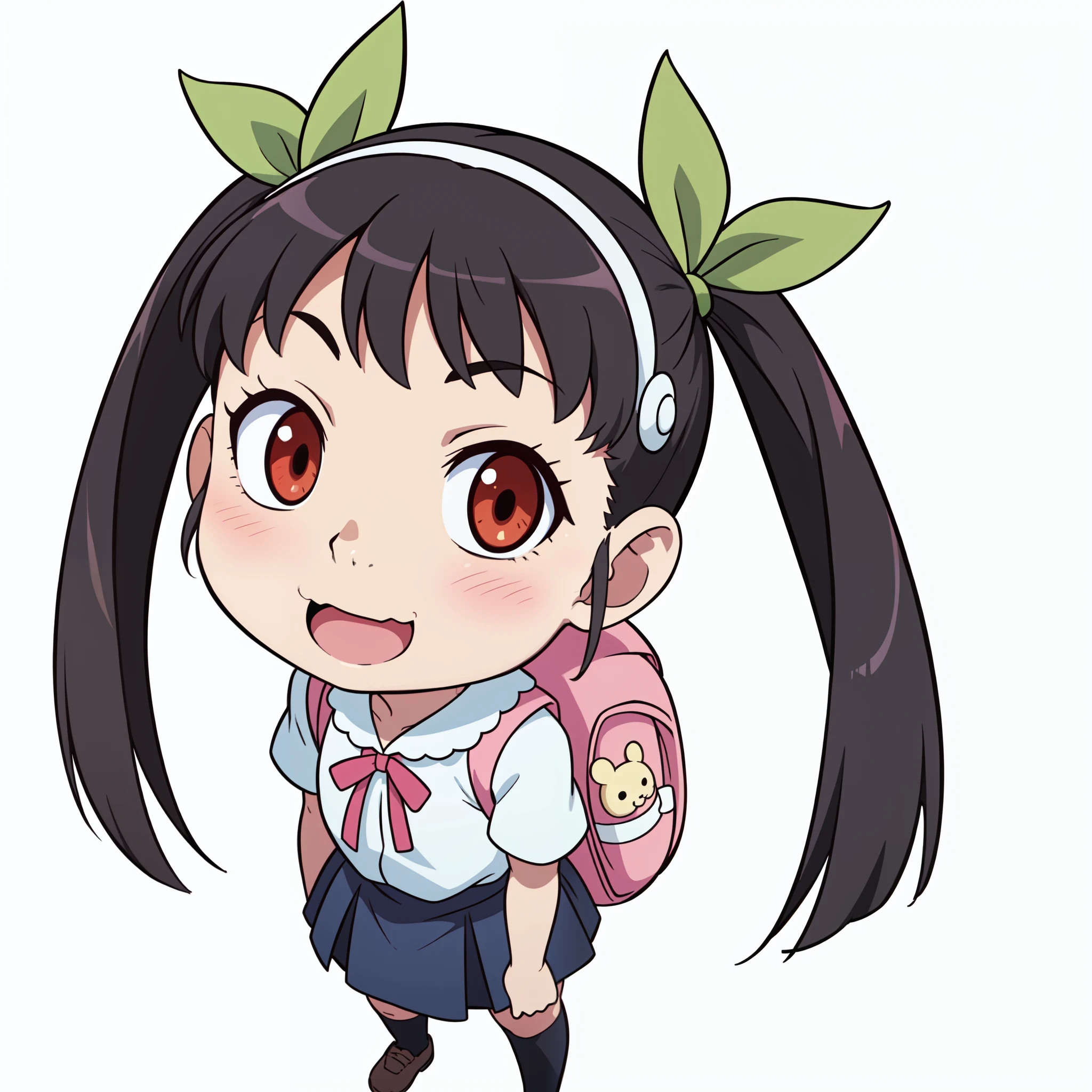  1girl, solo, simple_background, (chibi:1.3), \:\D, \:\3,hachikuji mayoi, twintails, long hair, school uniform, ribbon, looking up, looking at viewer, (solid white background:1.3), backpack, hairband