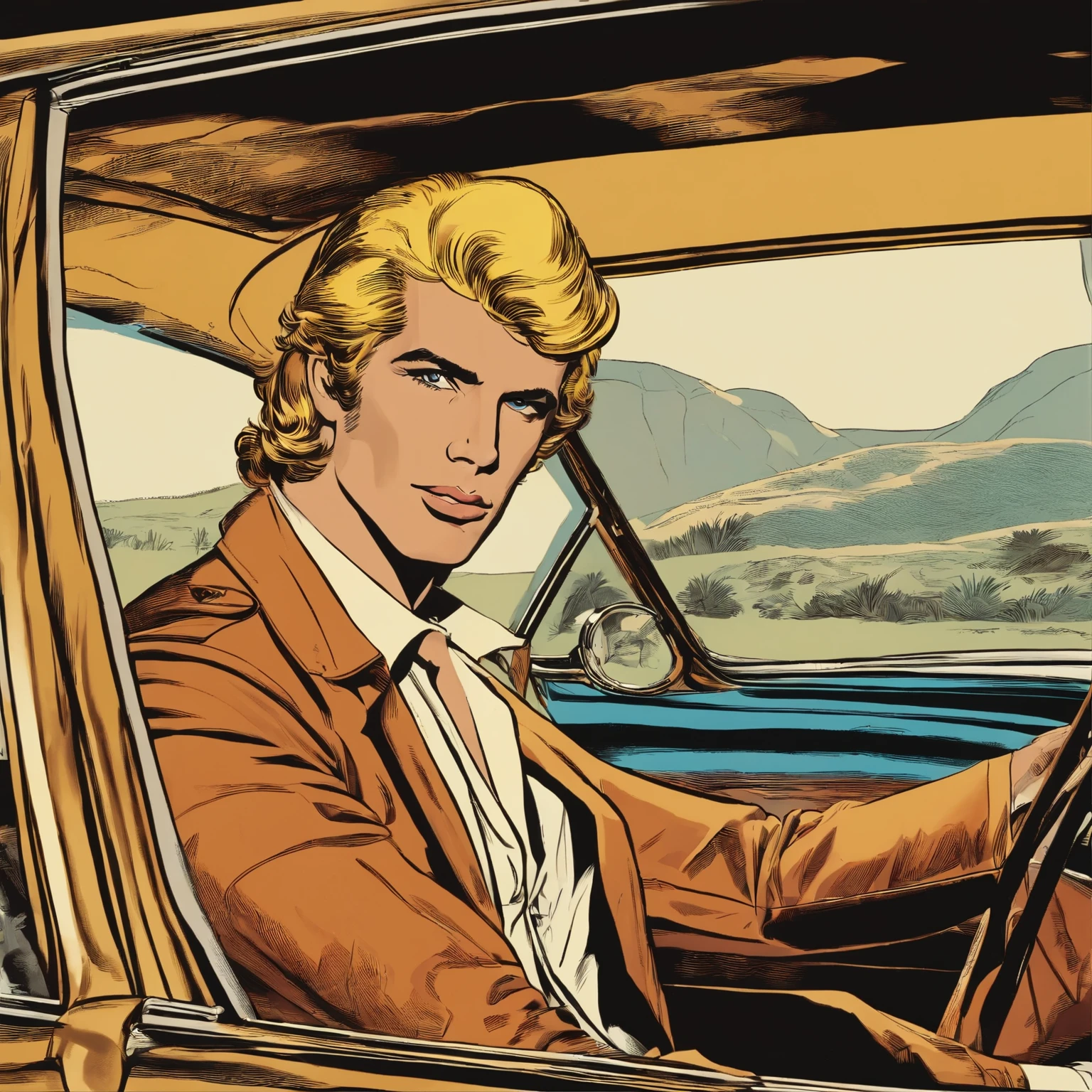 masterpiece, best quality, beautiful quality,60's american Comics,a Blonde-haired man,gotic,Suntanned skin,A man with a ,American Fashion in the 60's