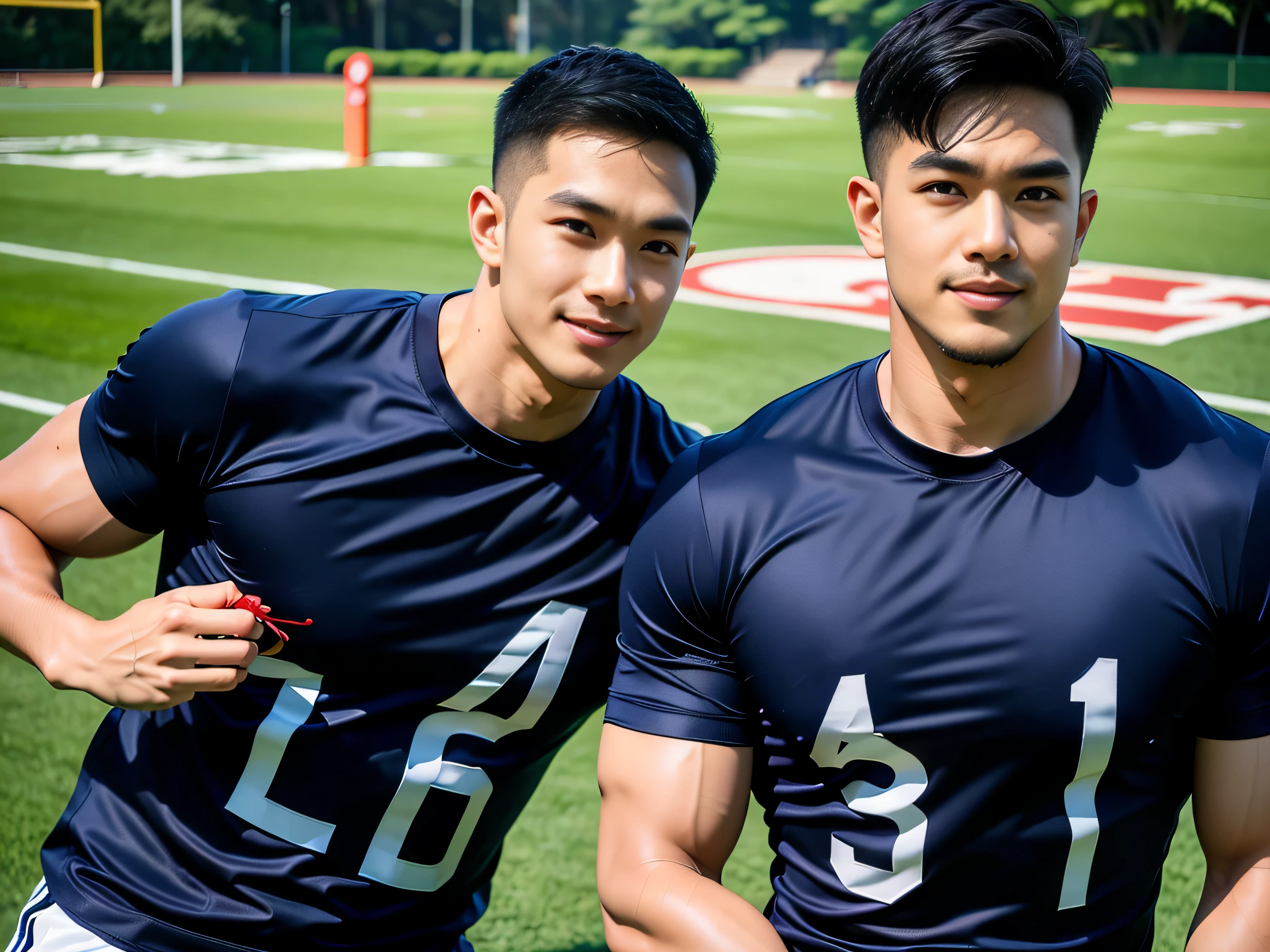 (Create a masterpiece: 1.2), (CGI art:1.3), (realistic:1.5), (After processing:1.3), (Sharp focus:1.3), 1 man, smile, (Wear a navy short-sleeved T-shirt..), short hair, Korea, facial hair, Indonesian, (high glossy details),Pectoral muscles, Big arm muscles, blood vessel, big muscles, Broad shoulders, Sit on the football field..