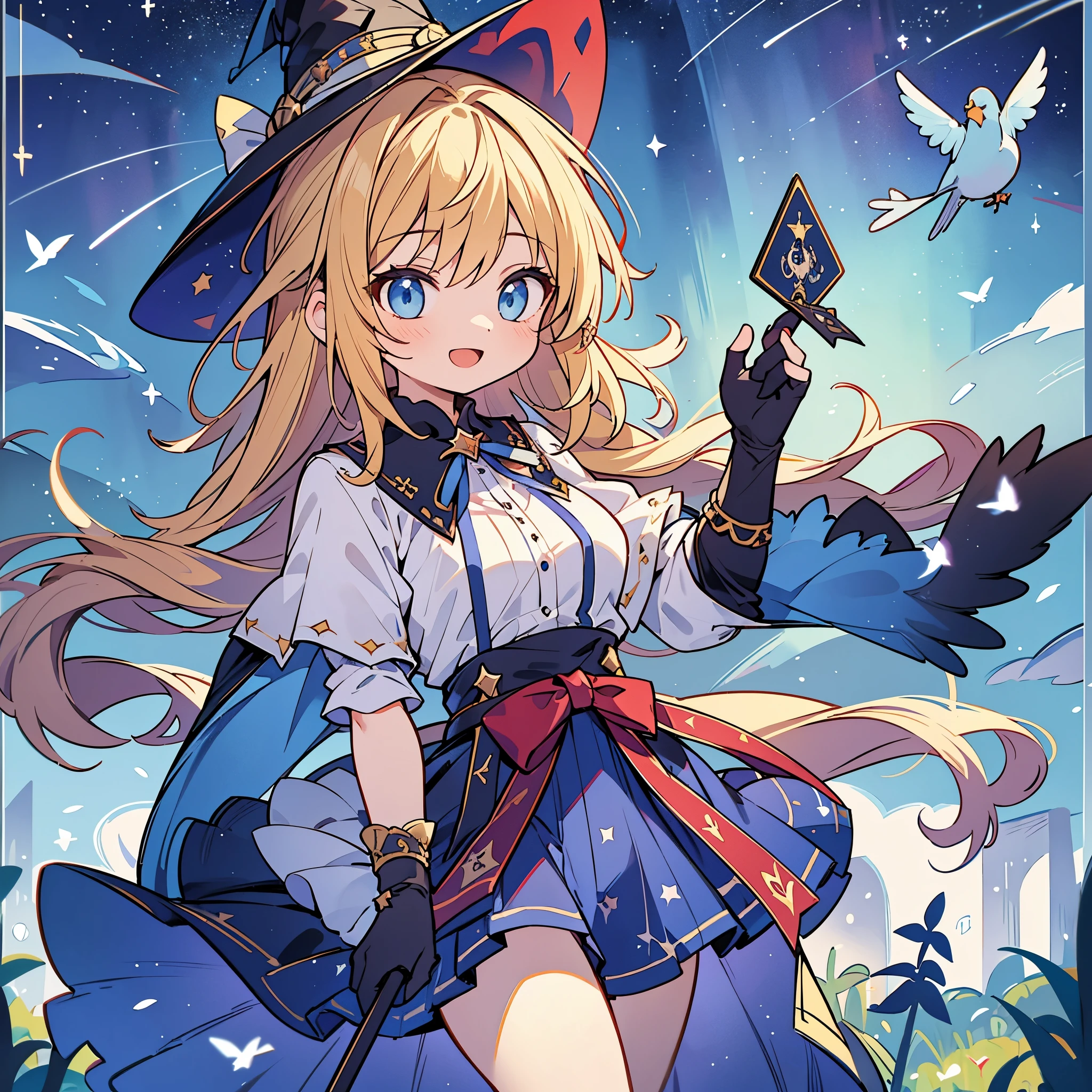 The image depicts a colorful fantasy-style artwork. In the center, there is a witch with blonde hair wearing a large hat, appearing as if she is dancing in mid-air. She is dressed in a classic witch attire, with a frilly white and black dress and black shoes. The witch is extending one hand forward, holding a magic wand in the other hand, smiling happily.
In the background, blue magical light surrounds the witch, with yellow star motifs scattered around. Furthermore, on the right side, a small fairy-like character is depicted, dressed in red clothing, riding a miniature broomstick, appearing to shout about something. Overall, the image exudes a magical atmosphere filled with movement and vitality. It incorporates elements of character design found in anime and manga, appealing to fans of fantasy aesthetics.