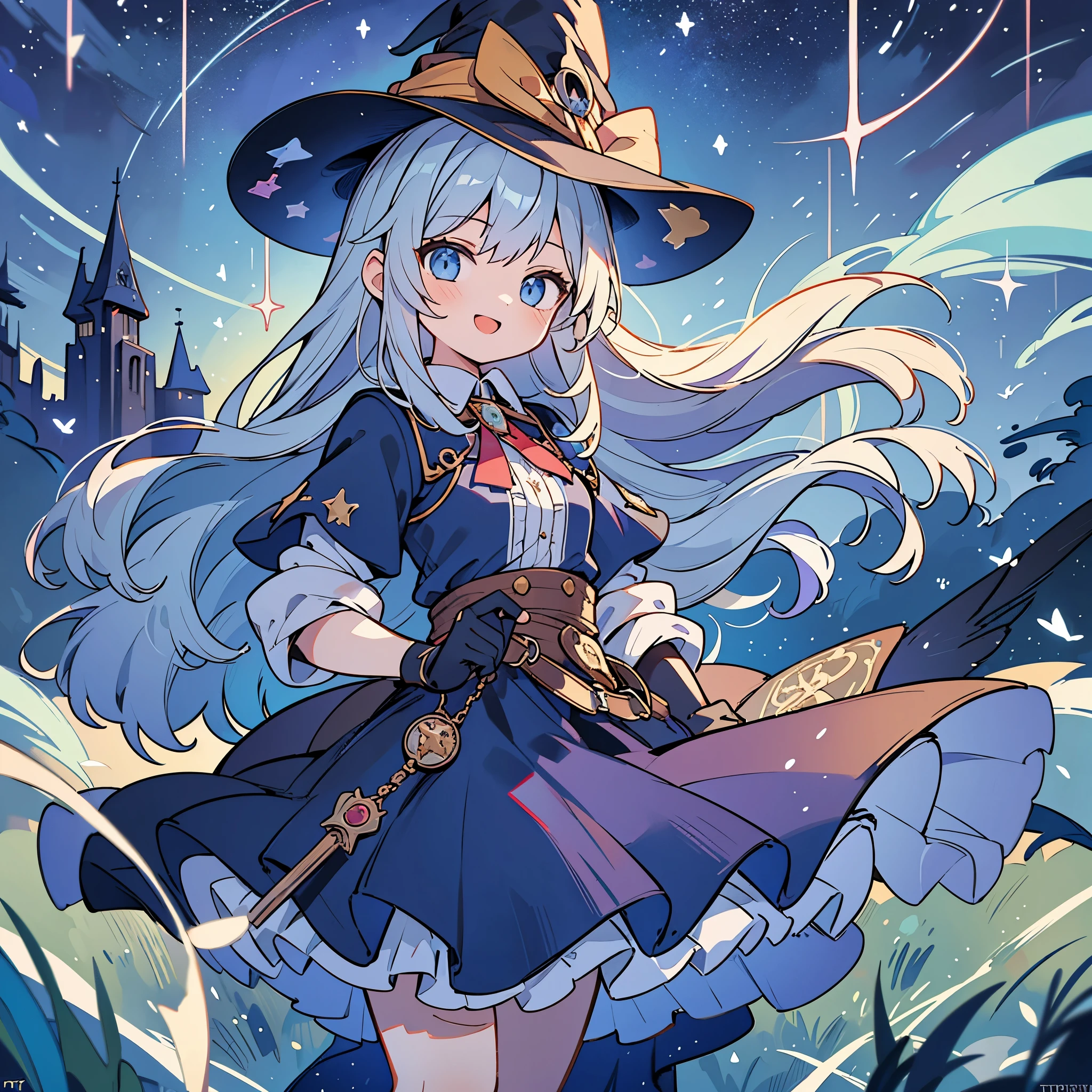 ((masterpiece:1.2, best quality)), 1girl, solo, (witch hat), blonde, long hair, skirt, aurora, night, stars (sky), gloves, sky, white skirt, night sky, open mouth, starry sky, blue eyes, ribbon, long hair, red dress, smile, headband, cape, blue hair, (bird), magic, spell casting, dark clouds, night, (impressionist: 1.4), (tarot: 1.3), Alphonse Mucha