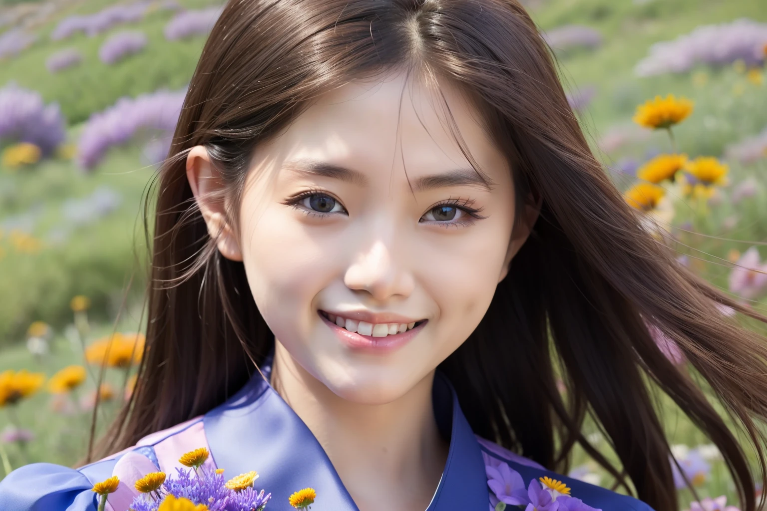 best quality, ultra high res, (photorealistic:1.2), a (smiling:1.4) 24-year-old Asian actress wearing elegant (wind blown:1.2) (dress:1.2) in a valley full with millions of (multi-color wild flowers:1.6), detailed face, (solo: 1.4), (wind blown:1.2) hair, mix4, (face lit:1.4)