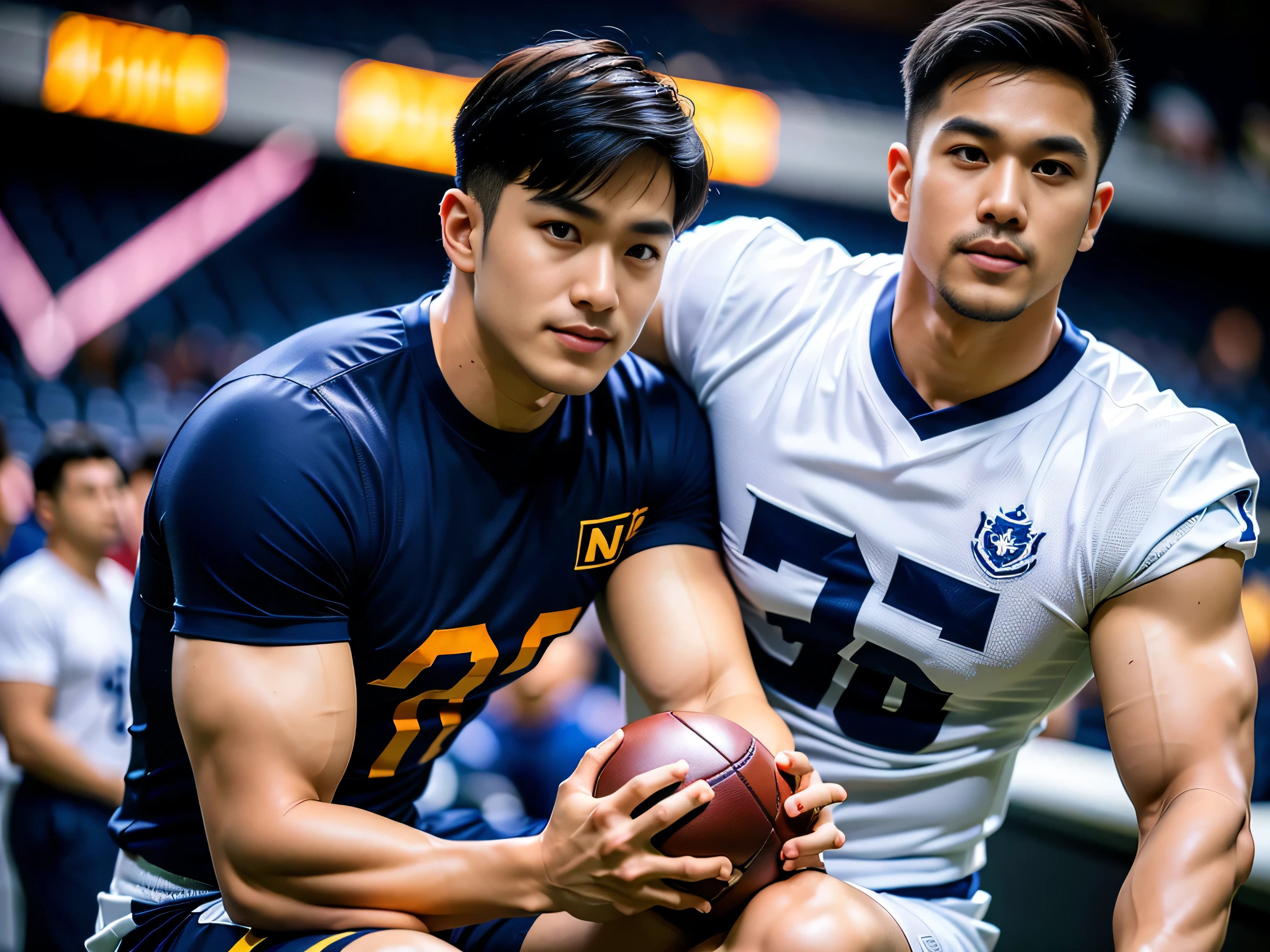 (Create a masterpiece: 1.2), (CGI art:1.3), (realistic:1.5), (After processing:1.3), (Sharp focus:1.3), 1 man, smile, (Wear a navy short-sleeved T-shirt..), short hair, Korea, facial hair, Indonesian, (high glossy details),Pectoral muscles, Big arm muscles, blood vessel, big muscles, Broad shoulders, Sit on the football field..
