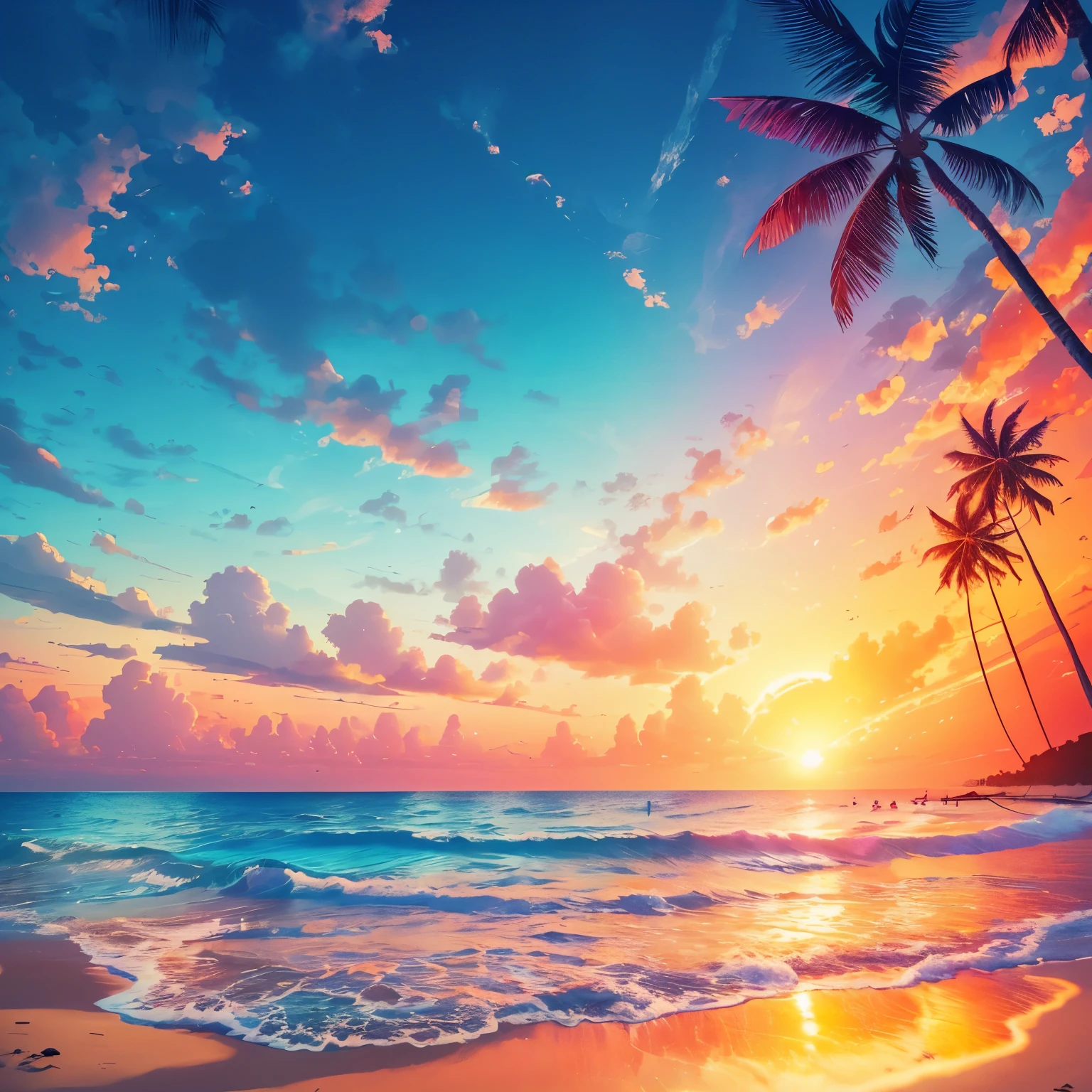 Create a 4K 9:16 image that depicts a stunning sunrise on a tropical beach, with gentle waves and palm trees along the coast. The color palette should be vibrant and convey a sense of renewal and positive energy.