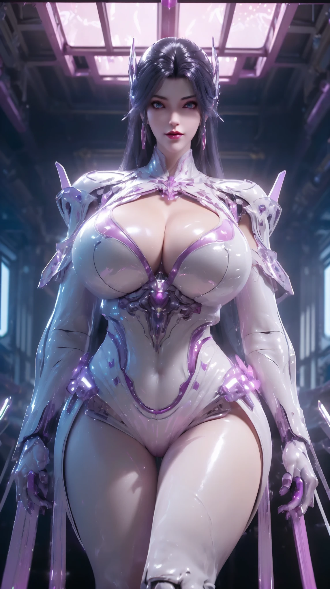 UPPER BODY,CLOSE UP HALF BODY,SOLO,(BEAUTY PURPLE HAIRSTYLE,MECHA PHOENIX HELMET), (HUGE FAKE BREASTS,BUSTY,CLEAVAGE,MUSCLE ABS,NSFW CONTENT:1.5), ((WEAR MAGENTA,BLACK,WHITE SHINY MODERN FUTURISTIC MECHA SKIMPY MINI BIKINI:1.5)),(CURVY VOLUPTUOUS BODY MATURE WOMAN:1.5), (SWEATY GLOSSY BODYSKIN:1.5), (LOOKING AT VIEWER:1.6),(HALLROOM OF FUTURISTIC SPACE STATION:1), (PHOTOREALSITIC:1.4), (ULTRA-DETAILLIERT), (TOP-QUALITY), (BEST SHADOWS), (​MASTERPIECE), BRIGHT LIGHT IN ROOM, HYPER TEXTURE, (4X MSAA), ((UNREAL ENGINE 5 RENDER)), PHYSICALLY-BASED RENDERING, ULTRA HIGHT DEFINITION, 16K, 1080P.