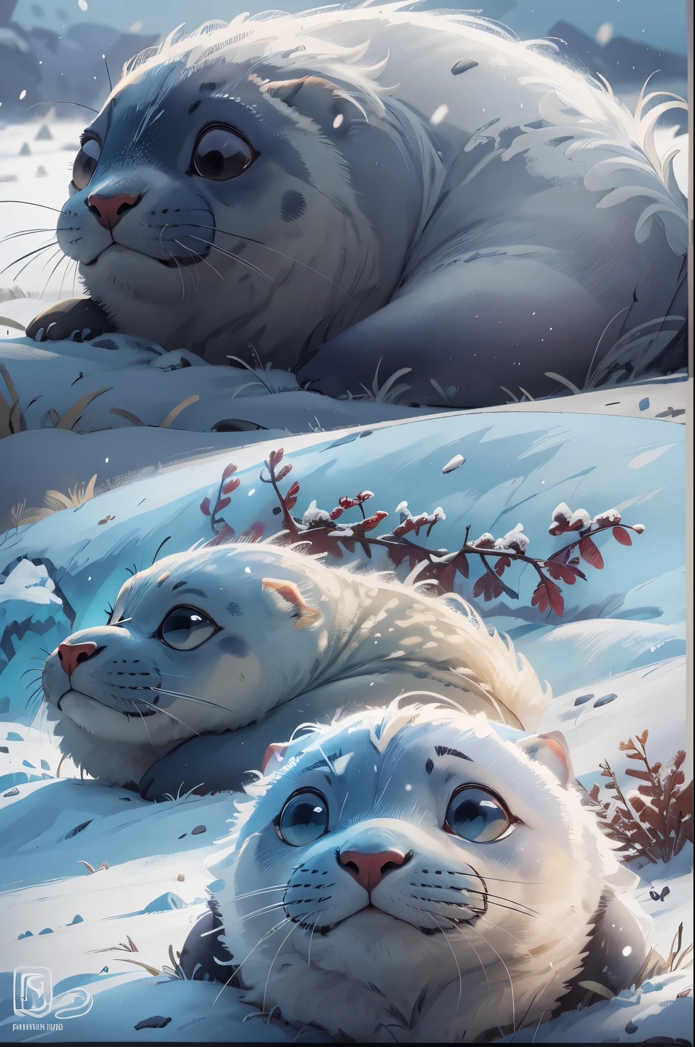 wild animals,Pixar style, seal,At rest,sleep,best quality, Lovely,stills, In Antarctica,A world of ice and snow,cinematic dramatic lighting, Cool colors,Very happy,smooth gray fur,high detail,Super details,high quality, masterpiece, precise,sharp focus, (Perfect reality and extreme details), Stunning fine details, dramatic lighting,