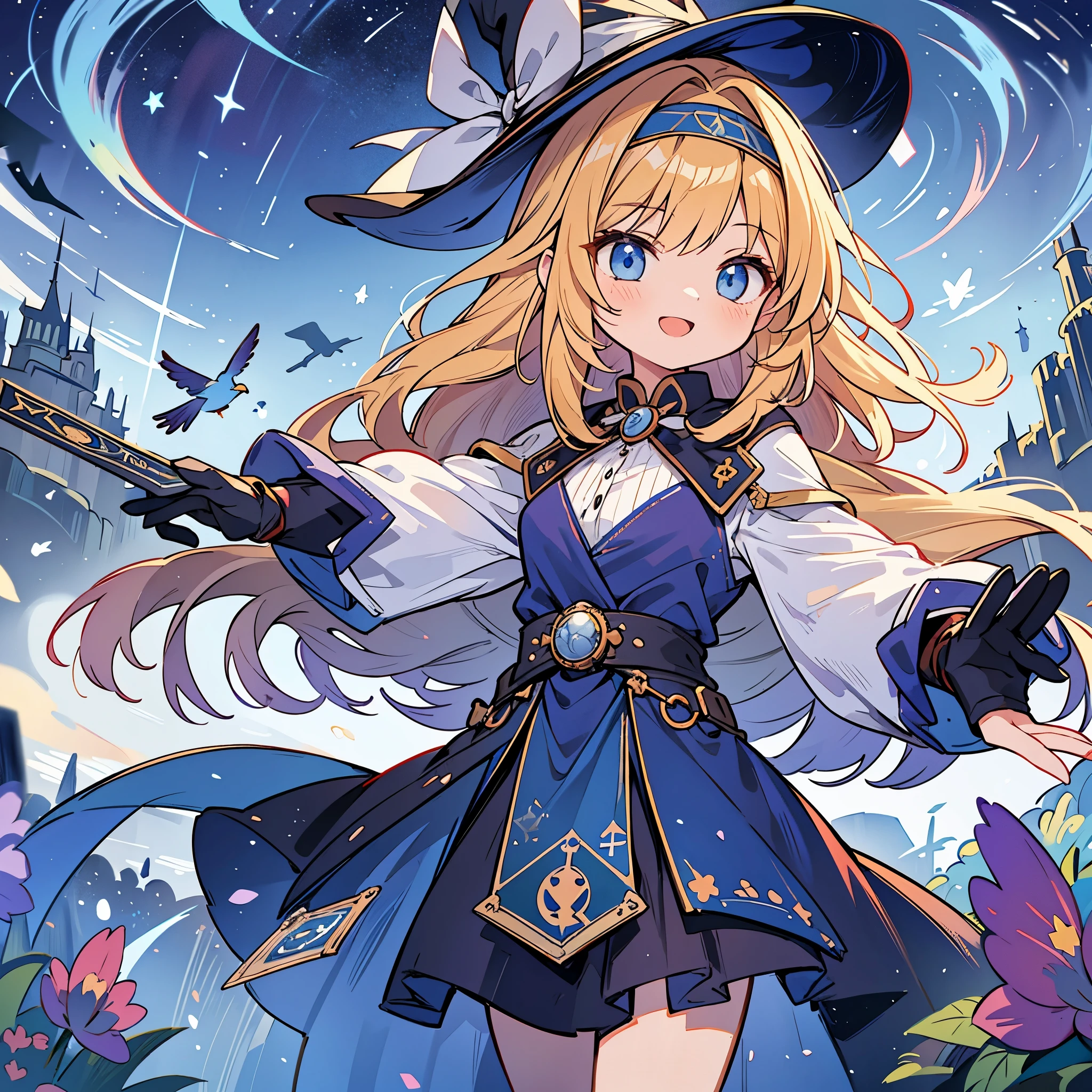 ((masterpiece:1.2, best quality)), 1girl, solo, (witch hat), blonde, long hair, skirt, aurora, night, stars (sky), gloves, sky, white skirt, night sky, open mouth, starry sky, blue eyes, ribbon, long hair, red dress, smile, headband, cape, blue hair, (bird), magic, spell casting, dark clouds, night, (impressionist: 1.4), (tarot: 1.3), Alphonse Mucha