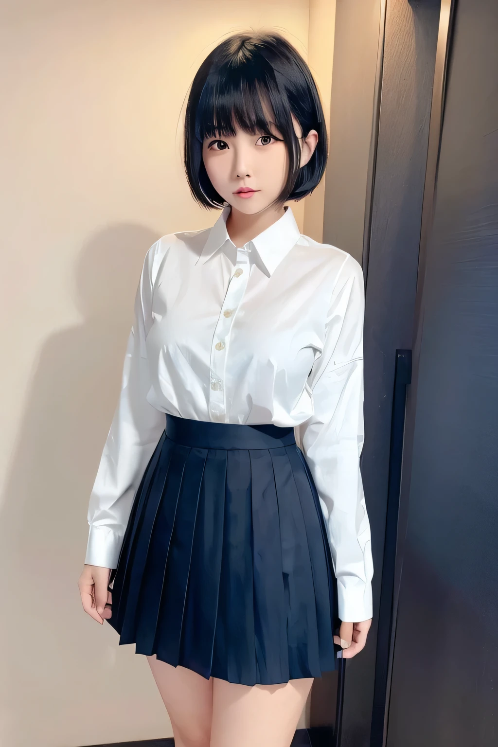 (narrow eyes:1.1), (black eye), (japanese woman), 1 girl, (small eyes), very beautiful  girl, beautiful breasts:1.5, short hair, (highly detailed eyes:1.2), (beautiful breasts:1.1), bangs, (thick legs, huge hips, thick thighs), perfect skin, Fair skin, tight waist, looking at the viewer, big breasts, (white shirt, dark blue pleated skirt:1.2)
