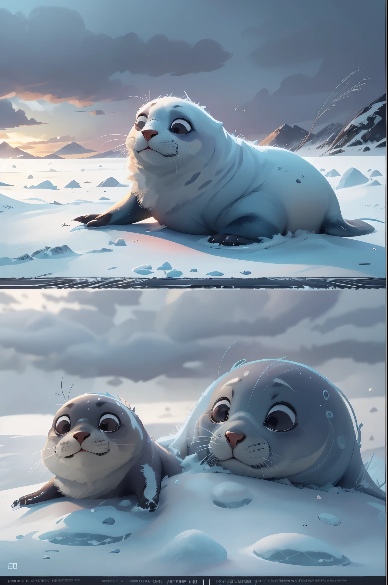 wild animals，Pixar style, seal，At rest，sleep，best quality, Lovely，stills, In Antarctica，A world of ice and snow，cinematic dramatic lighting, Cool colors，Very happy，smooth gray fur，high detail，Super details，high quality, masterpiece, precise，sharp focus, (Perfect reality and extreme details), Stunning fine details, dramatic lighting，