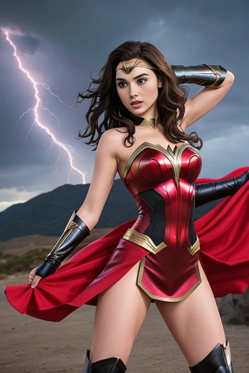 una mujer con una capa roja y un traje dorado volando por el aire, Mujer Maravilla, gal gadot as lord of hell, sin texto, portrait of Mujer Maravilla, dressed as Mujer Maravilla, hybrid of gal gadot, gal gadot as Mujer Maravilla, Gal Gadot como Supergirl, splashes of lightning behind her, margot robbie as Mujer Maravilla, artgerm jsc