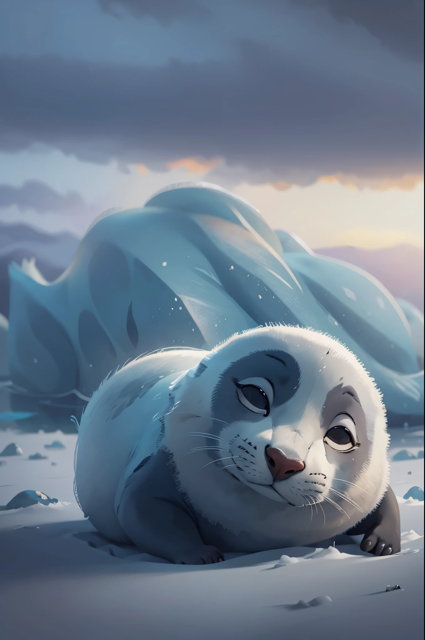 wild animals，Pixar style, sleeping seal，best quality, Lovely，stills, Iceberg in Antarctica，cinematic dramatic lighting, Cool colors，Very happy，smooth gray fur，high detail，Super details，high quality, masterpiece, precise，sharp focus, (Perfect reality and extreme details), Stunning fine details, dramatic lighting，