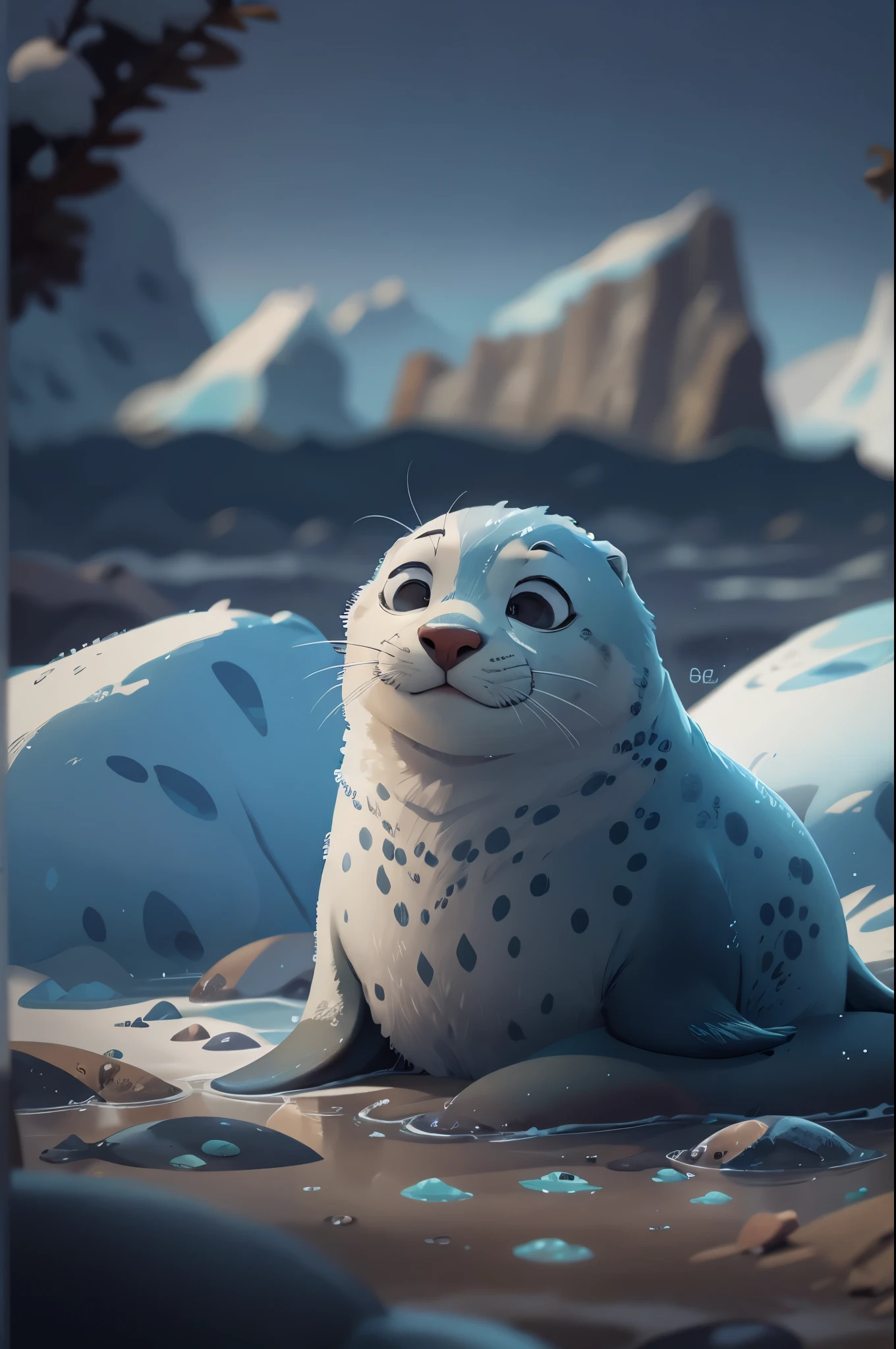 wild animals,Pixar style, sleeping seal,best quality, Lovely,stills, Iceberg in Antarctica,cinematic dramatic lighting, Cool colors,Very happy,smooth gray fur,high detail,Super details,high quality, masterpiece, precise,sharp focus, (Perfect reality and extreme details), Stunning fine details, dramatic lighting,