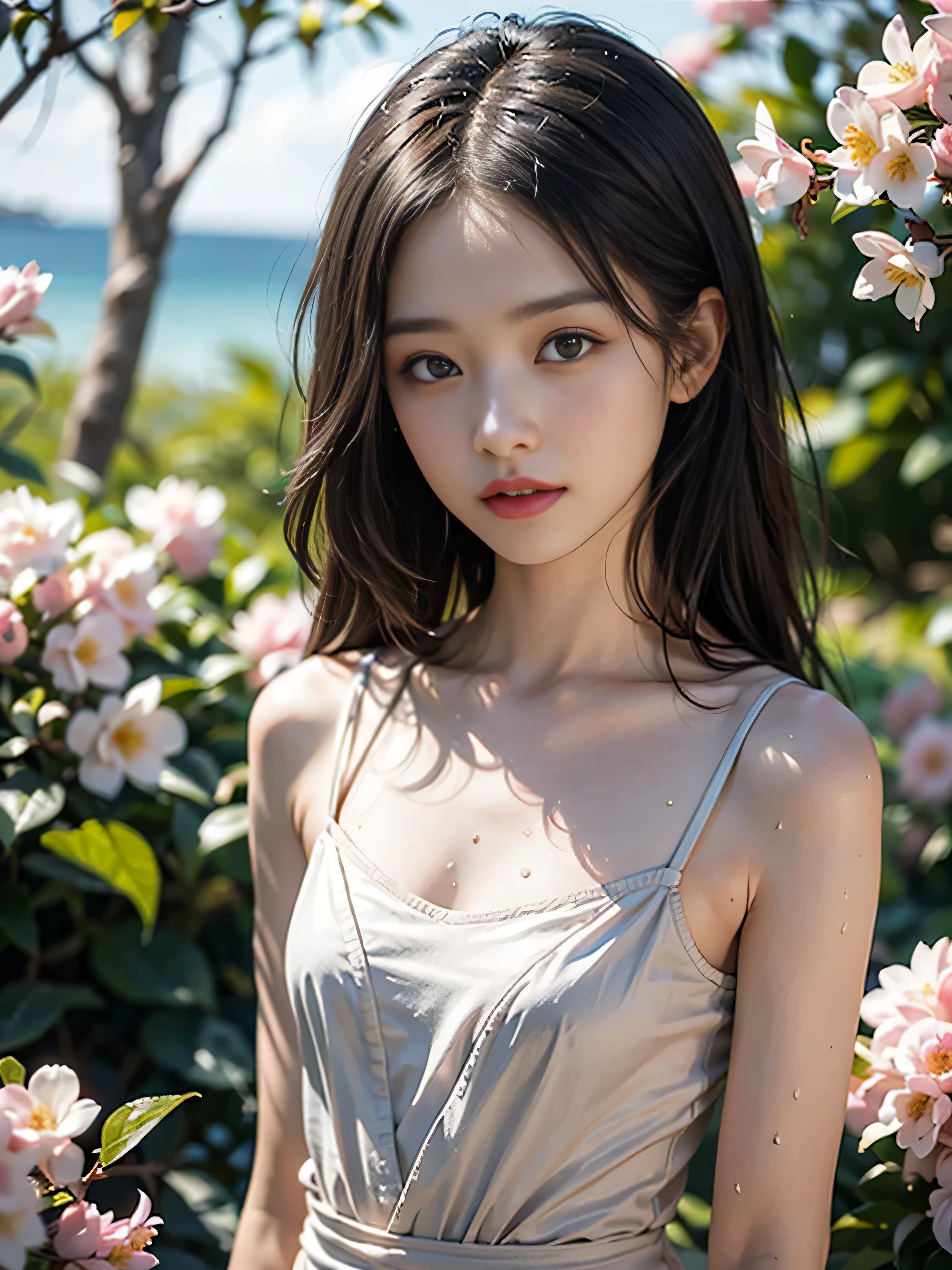 Gentle and charming 日本の beautiful woman, half-length photo, delicate and sexy collarbone, charming oval face, double eyelids, vivid peach blossom eyes, pink lips, small nose, bare shoulders, focused face, face close-up, ultra-high-definition, Super details, elegant standing posture, ultra-thin light-transmitting wet yarn