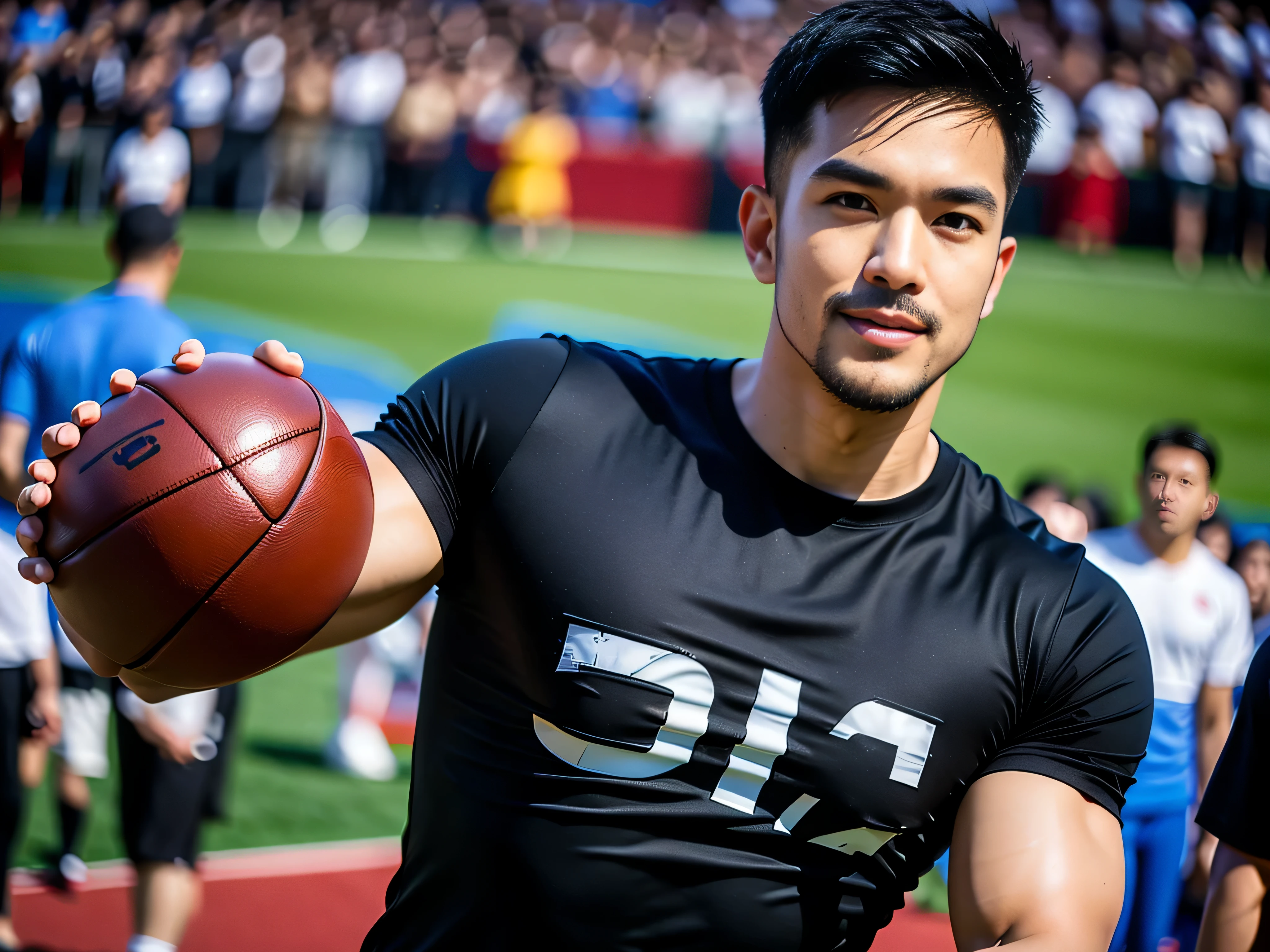 (Create a masterpiece: 1.2), (CGI art:1.3), (realistic:1.5), (After processing:1.3), (Sharp focus:1.3), 1 man, smile, (Wear a black short-sleeved round neck t-shirt..), short hair, Korea, facial hair, Indonesian, (high glossy details),Pectoral muscles, Big arm muscles, blood vessel, big muscles, Broad shoulders, Sit on the football field..
