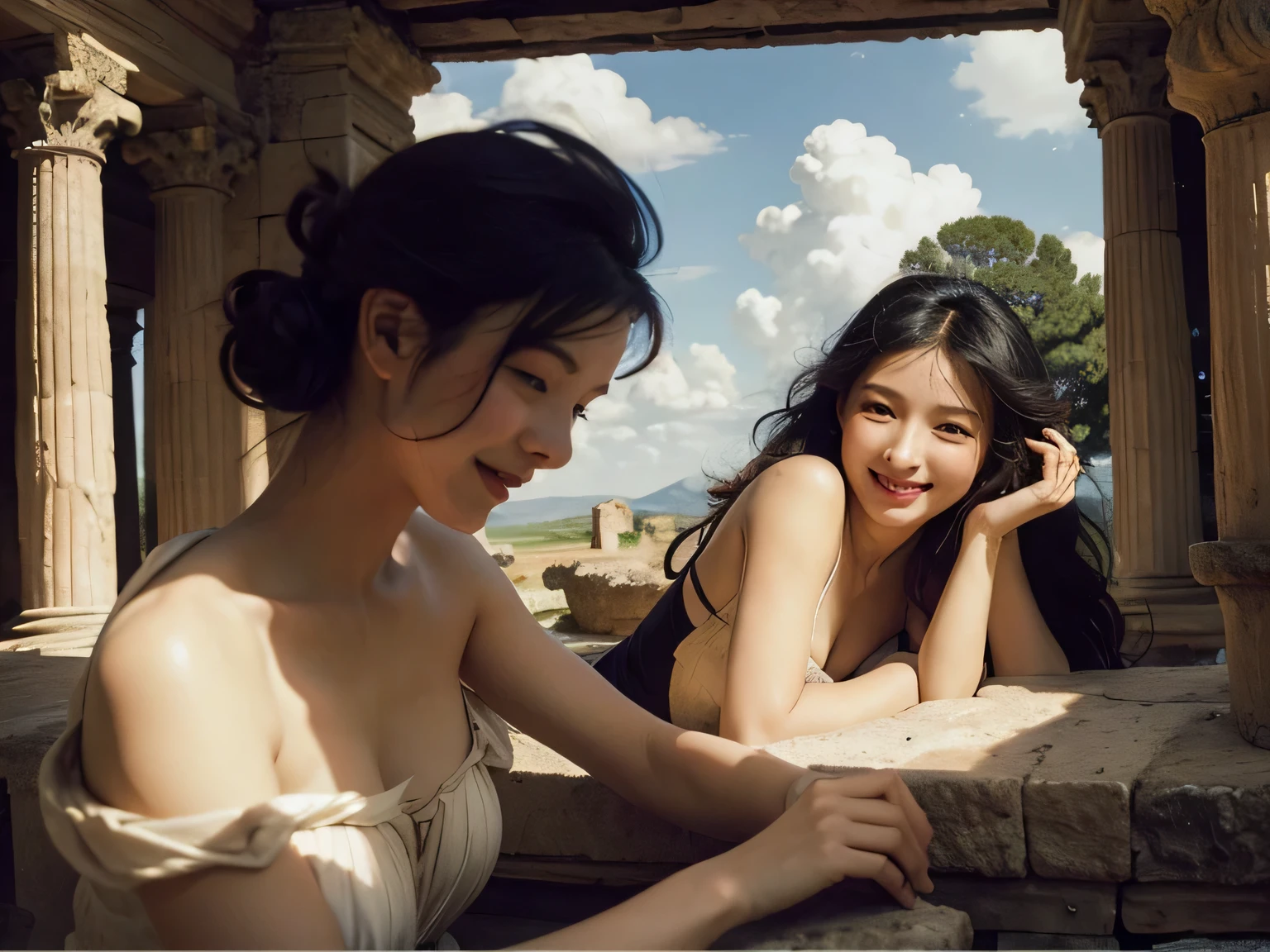 Ancient Roman ruins,landscape in the style of Poussin,A smile,,Sweet and seductive appearance.、Caravaggio's paintings、Chiaroscuro of Caravaggio、Hair disheveled in the wind,Two women frolicking,Cute smile, Expression of ecstasy,A sexy,erotic