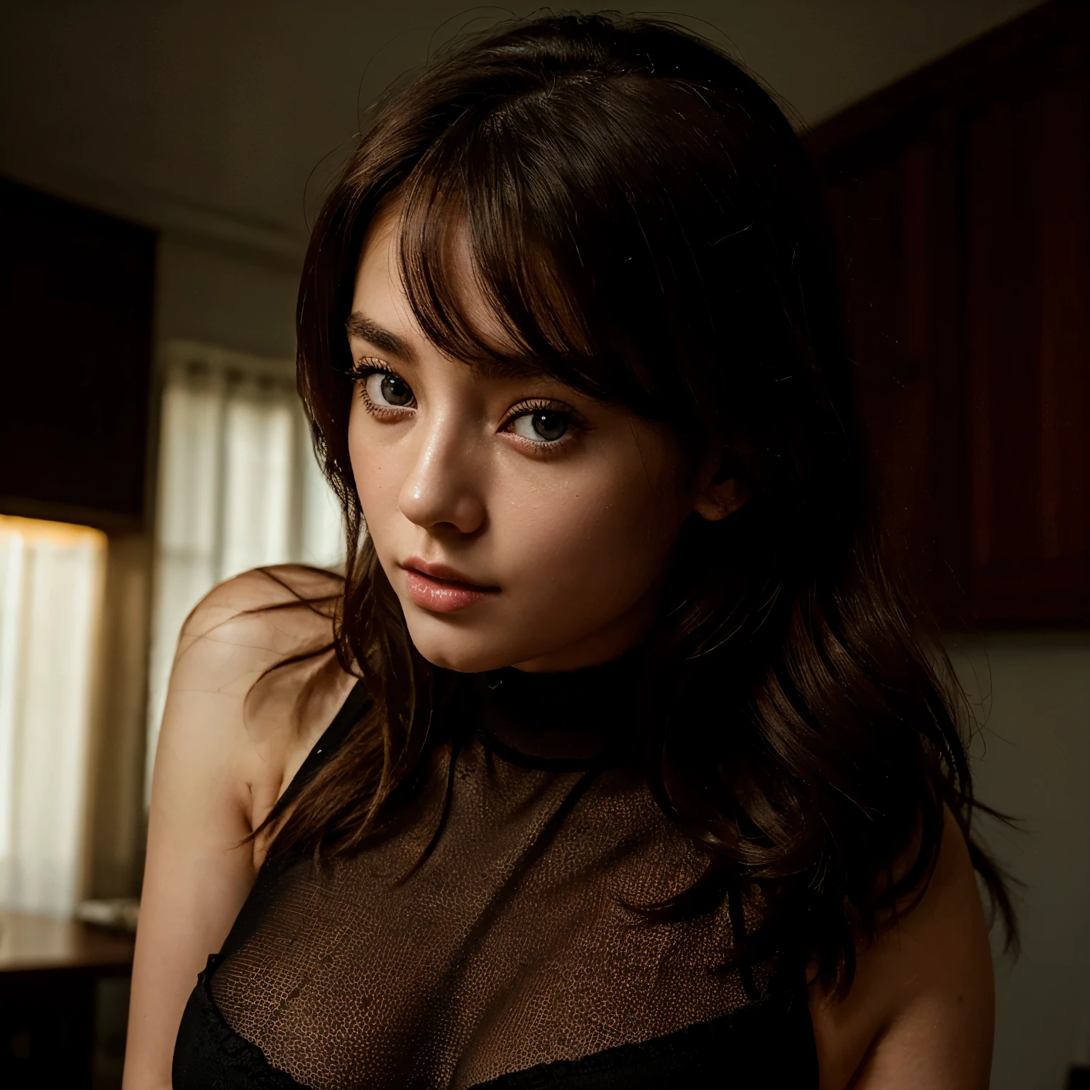 (high resolution,masterpiece:1.2),ultra-detailed,(photorealistic:1.37),Korean-Russian girl with,beautiful, big eyes, focused all body, a sexy expression, beautiful face, sexy black dress, in his house during the day