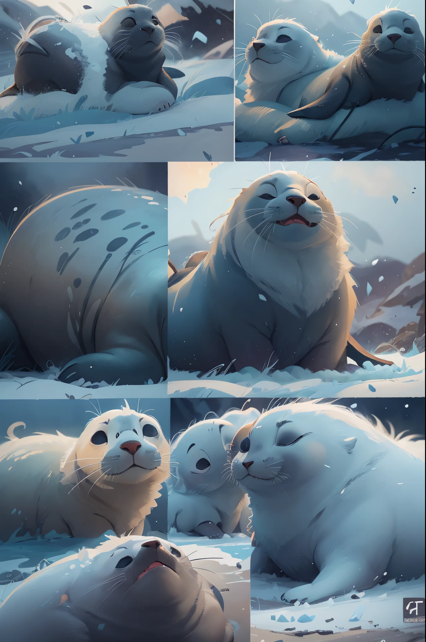 wild animals,Pixar style, sleeping seal,best quality, Lovely,stills, Iceberg in Antarctica,cinematic dramatic lighting, Cool colors,Very happy,smooth gray fur,high detail,Super details,high quality, masterpiece, precise,sharp focus, (Perfect reality and extreme details), Stunning fine details, dramatic lighting,