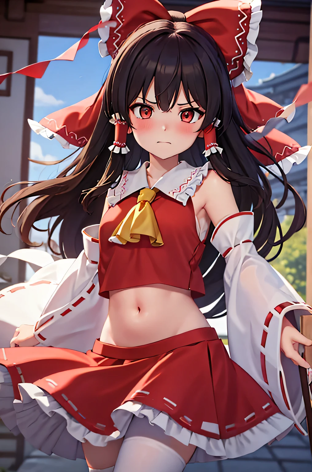 super fine illustration,vibrant colors, masterpiece, sharp focus, best quality, depth of field, cinematic lighting, ultra detailed, blush, annoyed, navel, tummy, midriff, belly button, indoors, ceiling, shrine maiden, hakurei reimu, 1girl, hair bow, ascot, hair tubes, miko, detached sleeves, looking down, red shirt, red long skirt, long hair, dark brown hair, embarrassed, from below, low waist, hands covering mouth