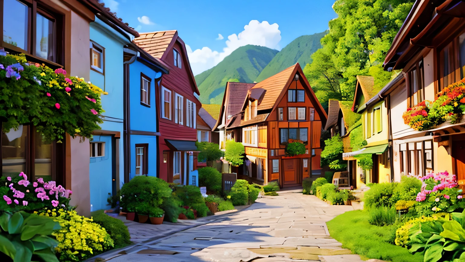 Visualize a picturesque, cozy town with cobblestone streets and colorful houses.