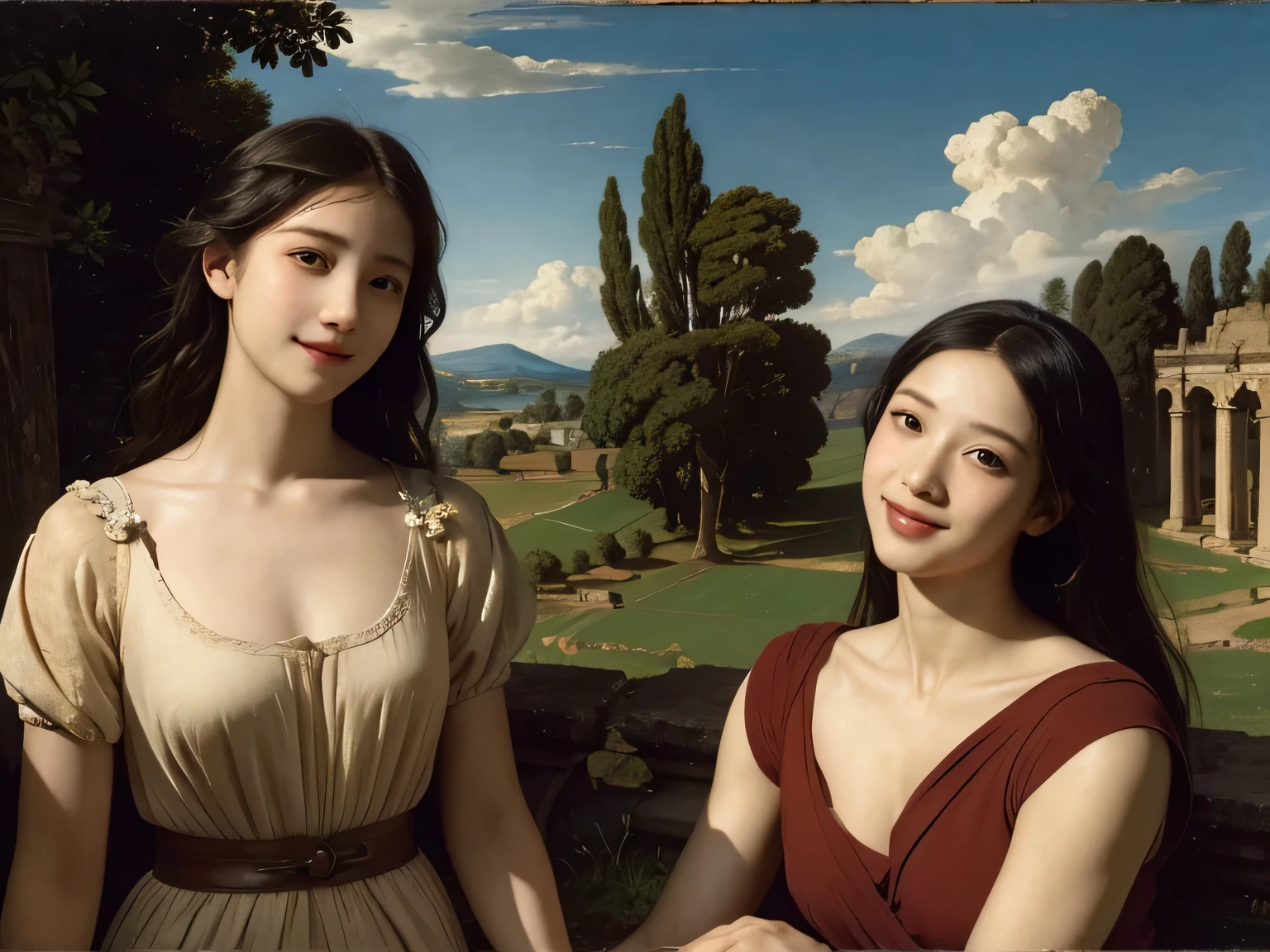 Ancient Roman ruins,landscape in the style of Poussin,A smile,,Sweet and seductive appearance.、Caravaggio's paintings、Chiaroscuro of Caravaggio、Hair disheveled in the wind,Two women frolicking,Cute smile, Expression of ecstasy,A sexy,erotic