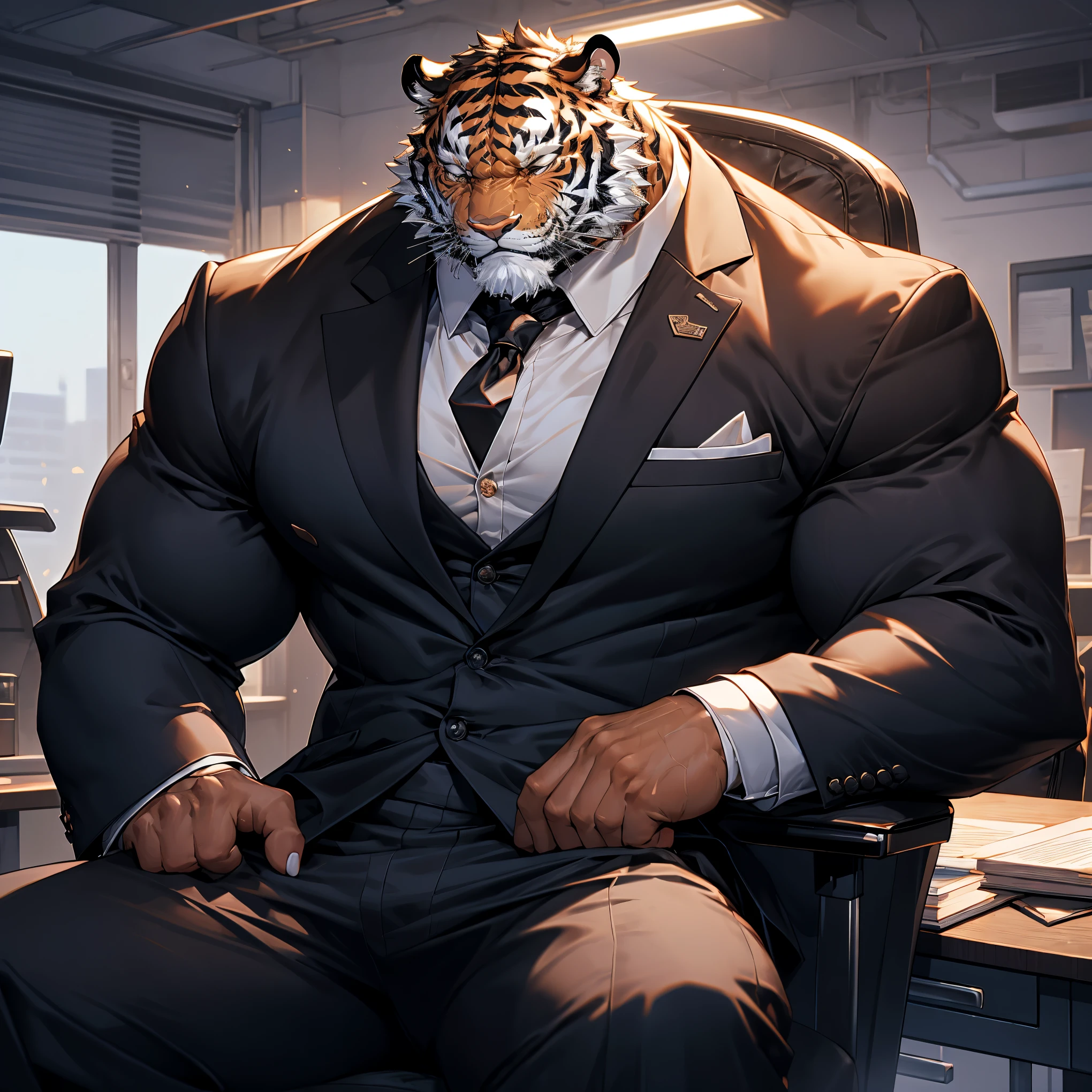 muscular tiger, bodybuilder build, wear long sleeve white collar shirt, formal attire, black trouser, sleeping on an office chair, glistening skin, vibrant color, 4k resolution, very detailed art, realism, photographic lighting, photographic scene