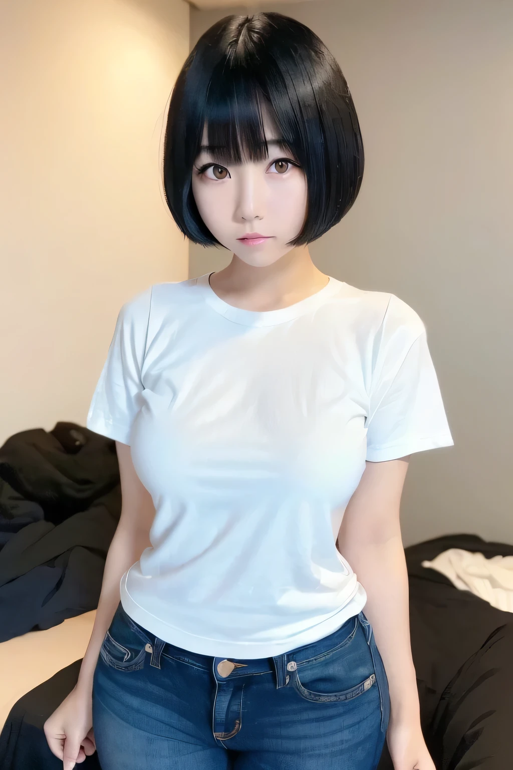 (narrow eyes:1.1), (black eye), (japanese woman), 1 girl, (small eyes), 17 year old girl, beautiful breasts:1.5,short hair, (highly detailed eyes:1.2), (beautiful breasts:1.1), bangs, (thick legs, huge hips, thick thighs), perfect skin, Fair skin, tight waist, looking at the viewer, big breasts, (White Round Neck T-Shirt, blue jeans:1.2)