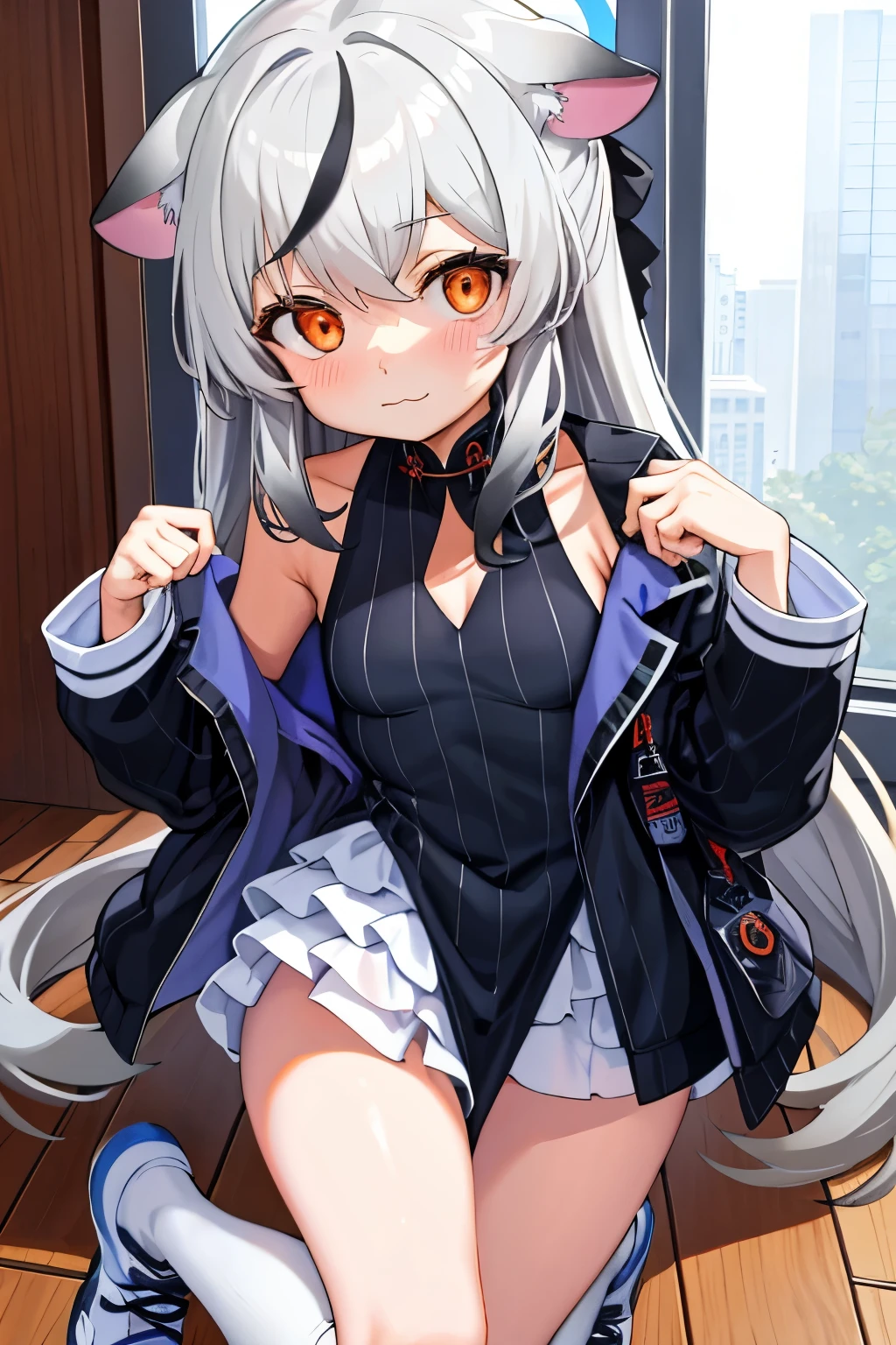 tmasterpiece, best qualtiy, ultra - detailed, 1girll,Gray hair Kokona, inside in room, Orange eye, :3,the face, closeup cleavage, Winter suit, winter wonder