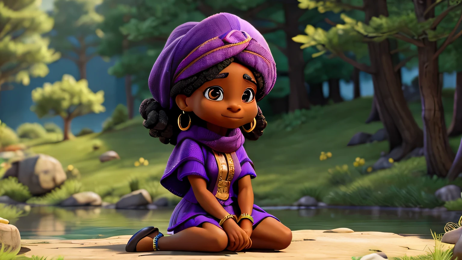 A black woman, approximately 70 years old, dressed in purple, including a purple turban, cape and scarf, is sitting on the floor with her legs crossed. She is adorned with several layered golden necklaces of varying lengths, bracelets on both wrists, and large earrings. The woman has a calm and serious expression. In front of a small river in the middle of the forest