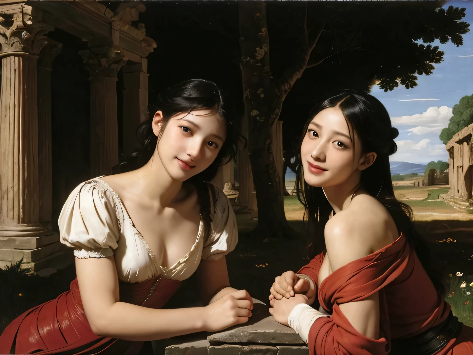 Ancient Roman ruins,landscape in the style of Poussin,A smile,,Sweet and seductive appearance.、Caravaggio's paintings、Chiaroscuro of Caravaggio、Hair disheveled in the wind,Two women frolicking,Cute smile, Expression of ecstasy,A sexy,erotic