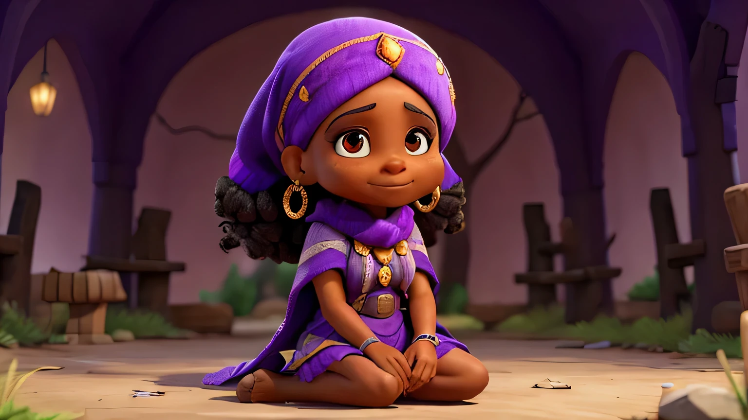 A black woman, approximately 70 years old, dressed in purple, including a purple turban, cape and scarf, is sitting on the floor with her legs crossed. She is adorned with several layered golden necklaces of varying lengths, bracelets on both wrists, and large earrings. The woman has a calm and serious expression. In front of a small river in the middle of the forest
