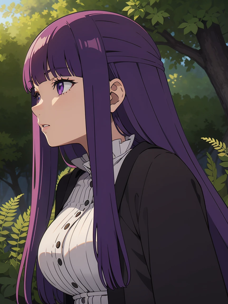 freirenfern, fern, purple hair, long hair, purple eyes, blunt bangs, sidelocks, half updo, bright pupils, (large breasts, 1 girl), frilled collar, black robe, white dress, center frills, buttons, wide sleeves, long sleeves, curvy, frilled collar, BREAK Masterpiece, best quality, high resolution, 8K, official art, super resolution, extremely detailed and beautiful, extremely detailed, amazing and detailed, highly detailed beautiful girl, highly detailed face, highly detailed eyes, highly detailed skin, highly detailed fingers, highly detailed nose, very detailed mouth, perfect anatomy BREAK Full body shot, Looking down, pray BREAK hill, nature, forest, extremely detailed CG unity 16k, very fine 16KCG wallpapers
