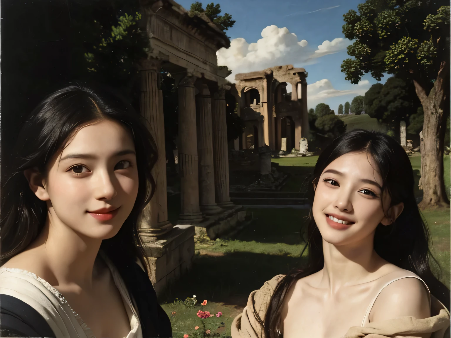 Ancient Roman ruins,landscape in the style of Poussin,A smile,,Sweet and seductive appearance.、Caravaggio's paintings、Chiaroscuro of Caravaggio、Hair disheveled in the wind,Two women frolicking,Cute smile, Expression of ecstasy,A sexy,erotic