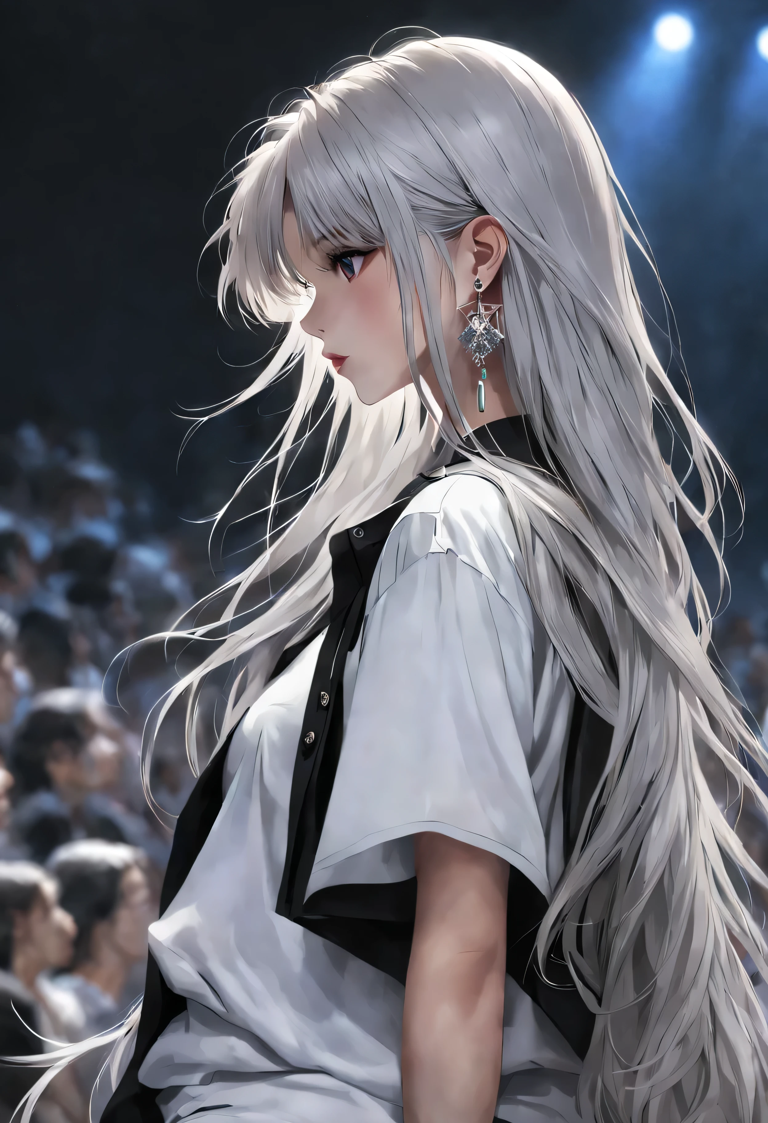 1 girl, alone, long hair, shirt, looking at the audience, white shirt, Bangs, Upper body, earrings, from the side, jewelry, white hair, close your mouth